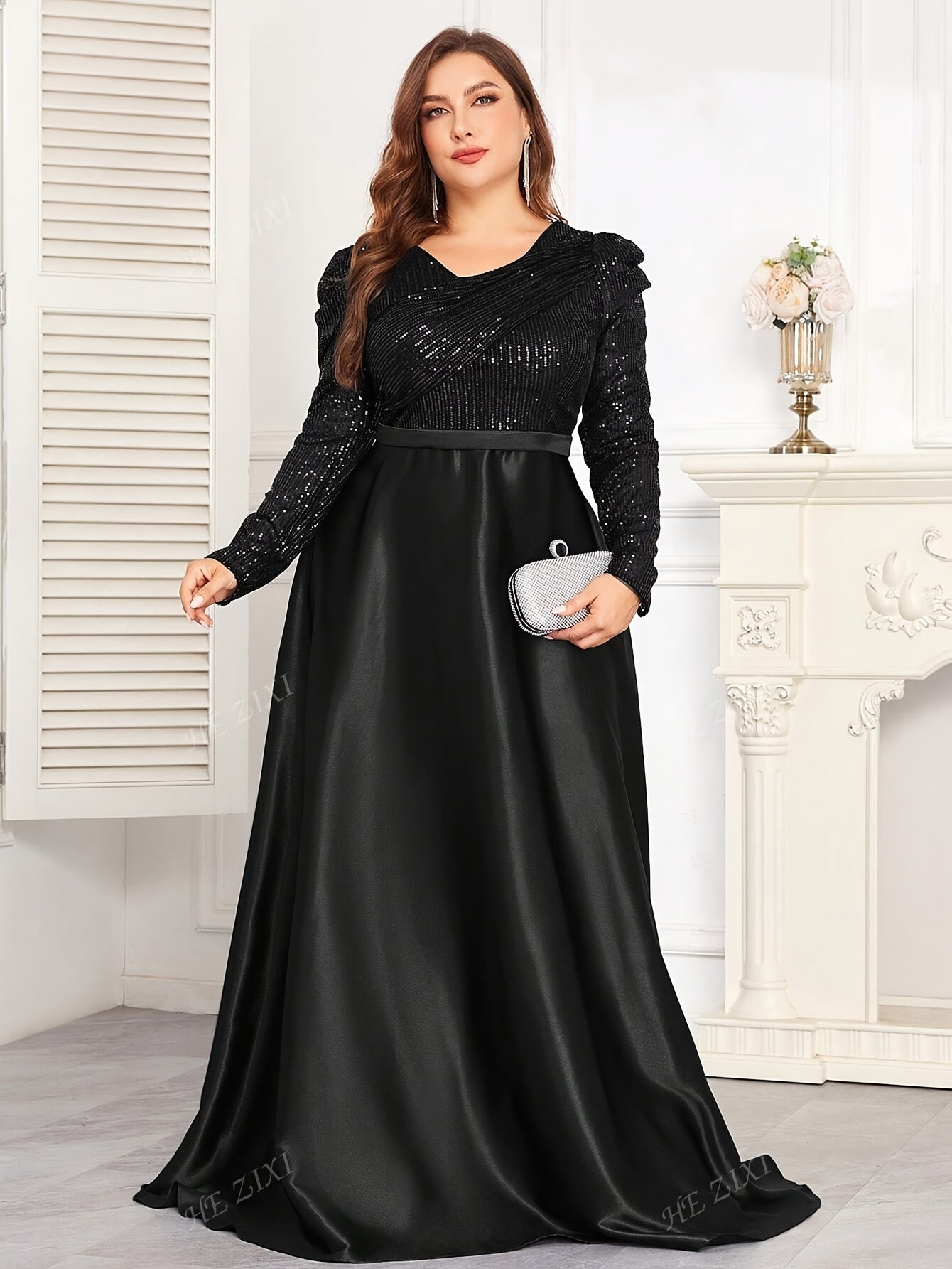 Robe de soirée col rond pour femme, grande taille, manches longues.