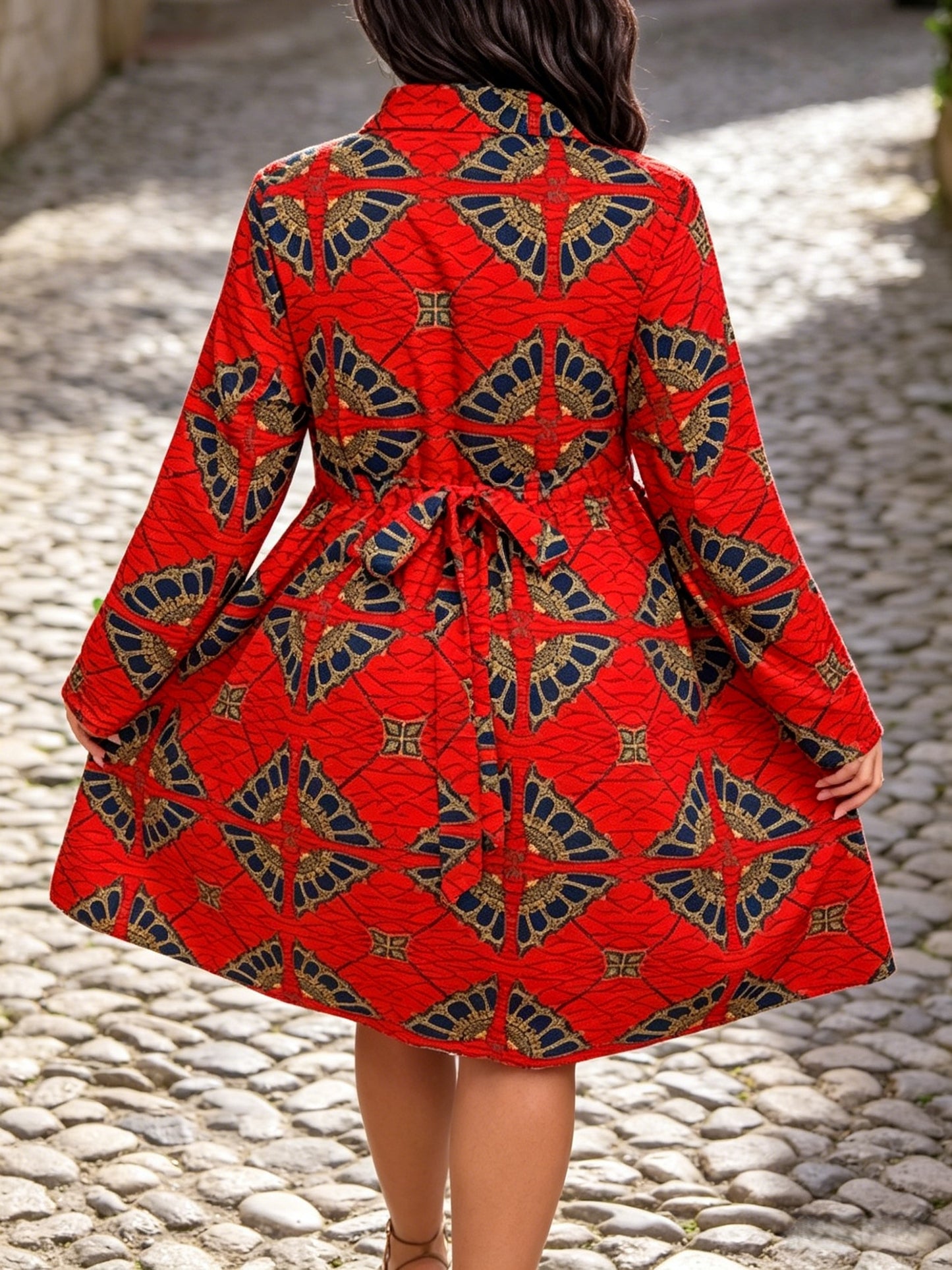 Robe Afro-Américaine Dashiki grande taille pour femme à imprimé cire - robe enveloppante à col en V et taille haute, manches longues