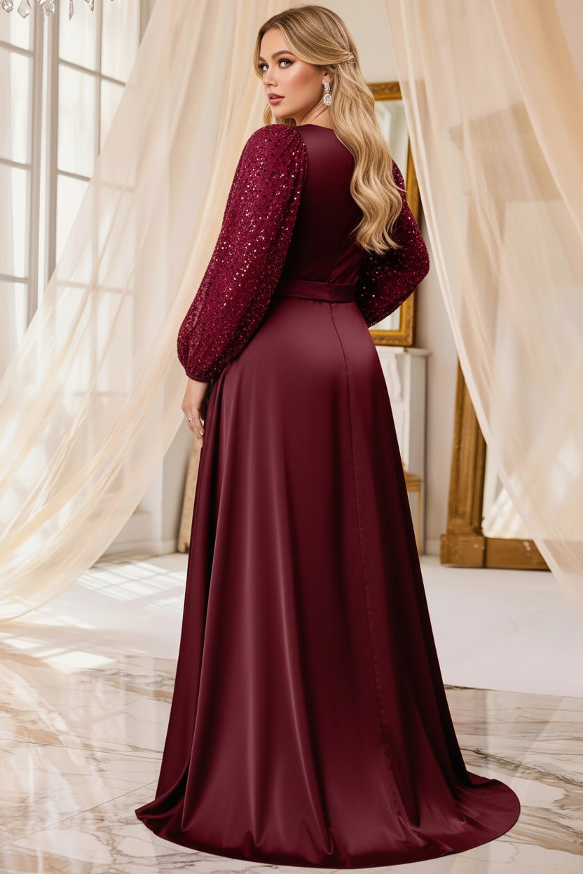 Grande Taille - Robe en Satin Patchwork de Dentelle à Sequins pour Femmes
