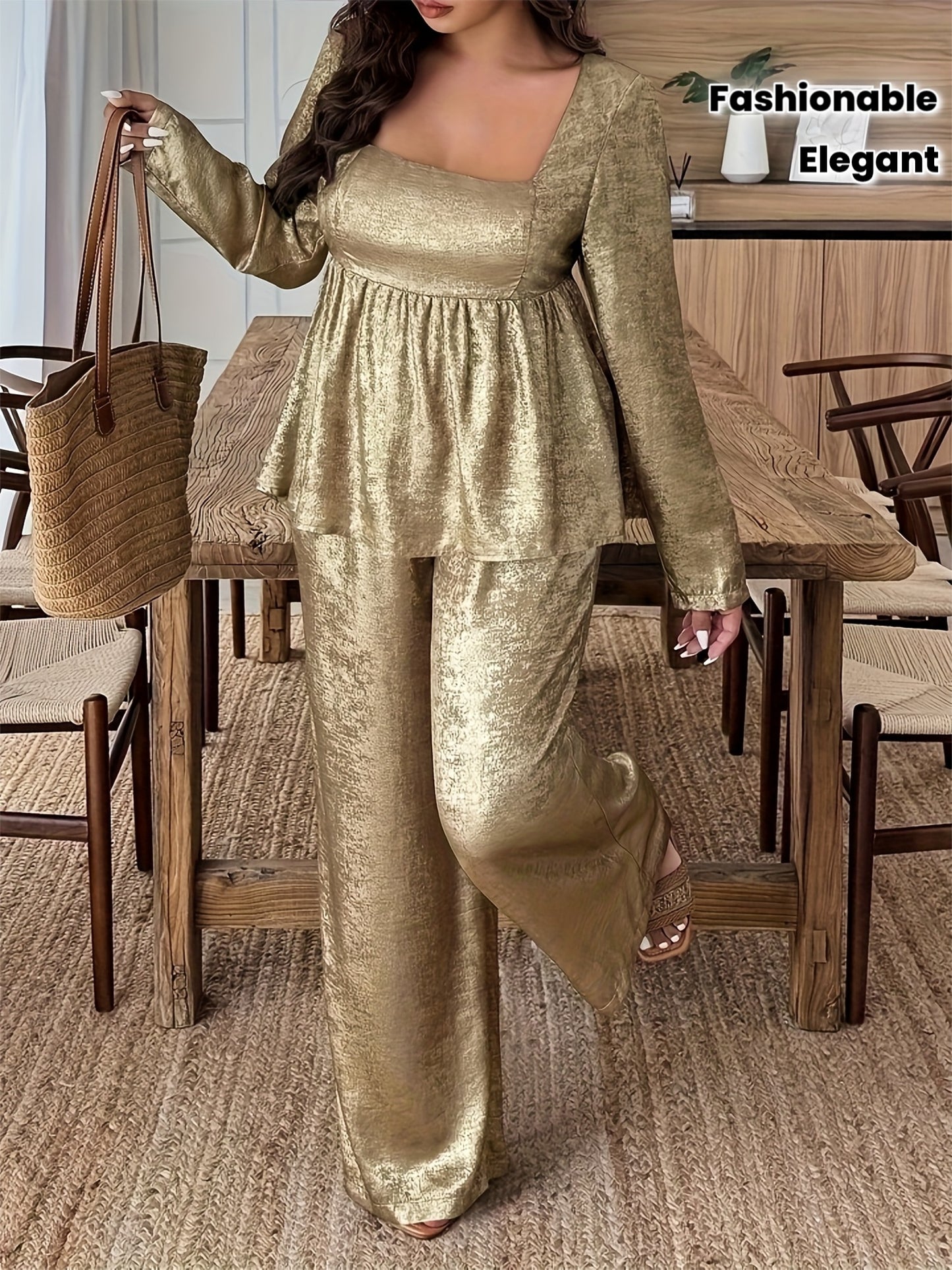 Ensemble haut à col carré brillant doré et pantalon large ,style élégant et tendance