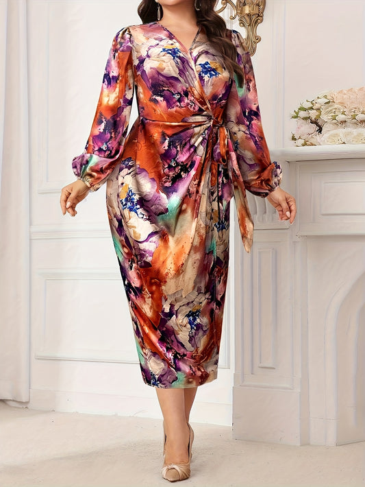 Élégante robe Imprimée grande taille pour femmes , Col en V, manches longues