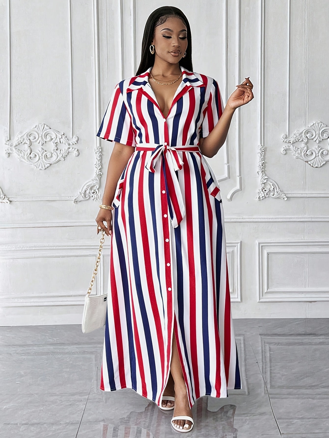 Robe-chemise à imprimé rayé pour femme, grande taille