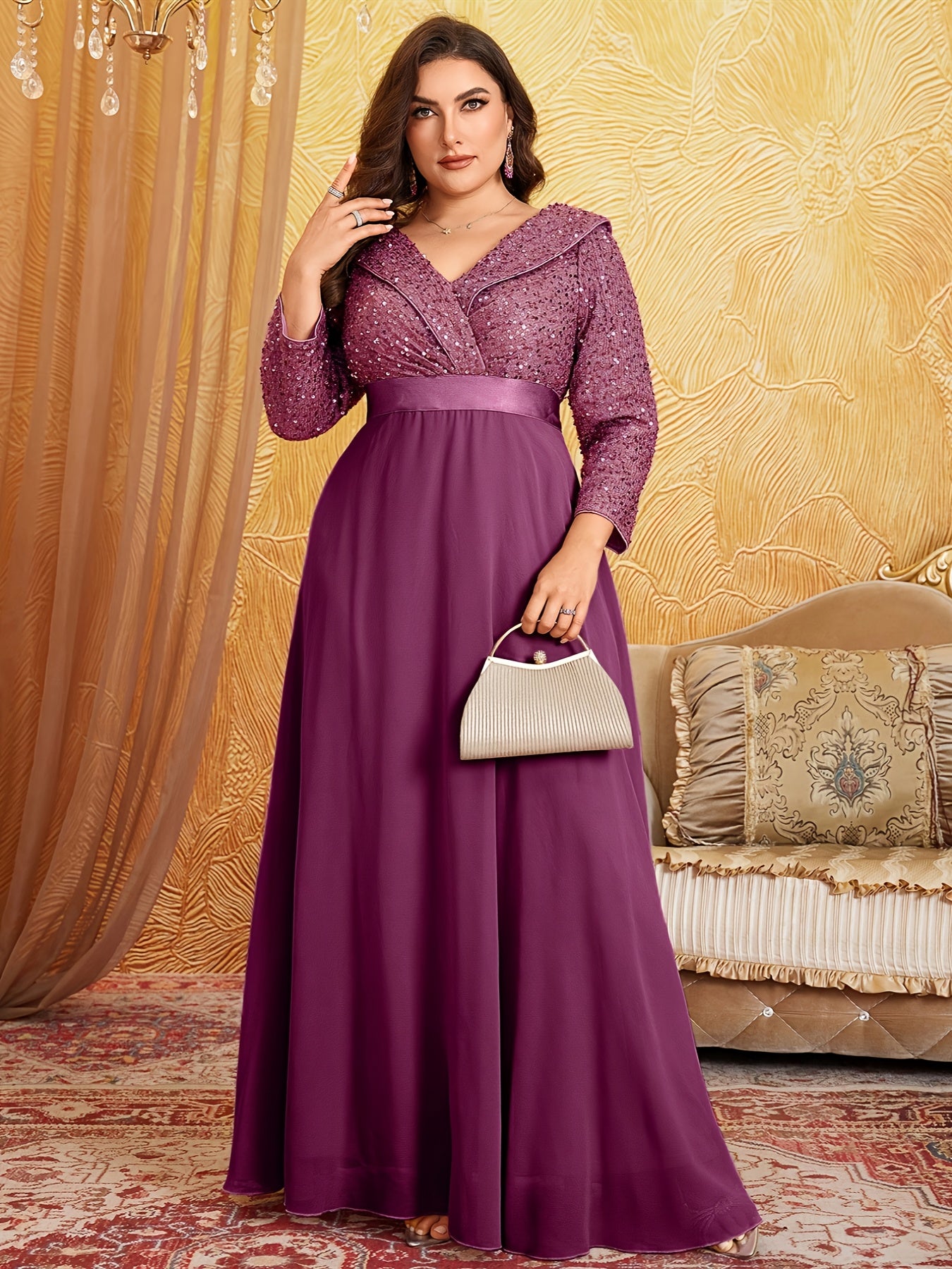 Robe Longue à Sequins et soie, Col en V, Manches 3/4, Grande Taille