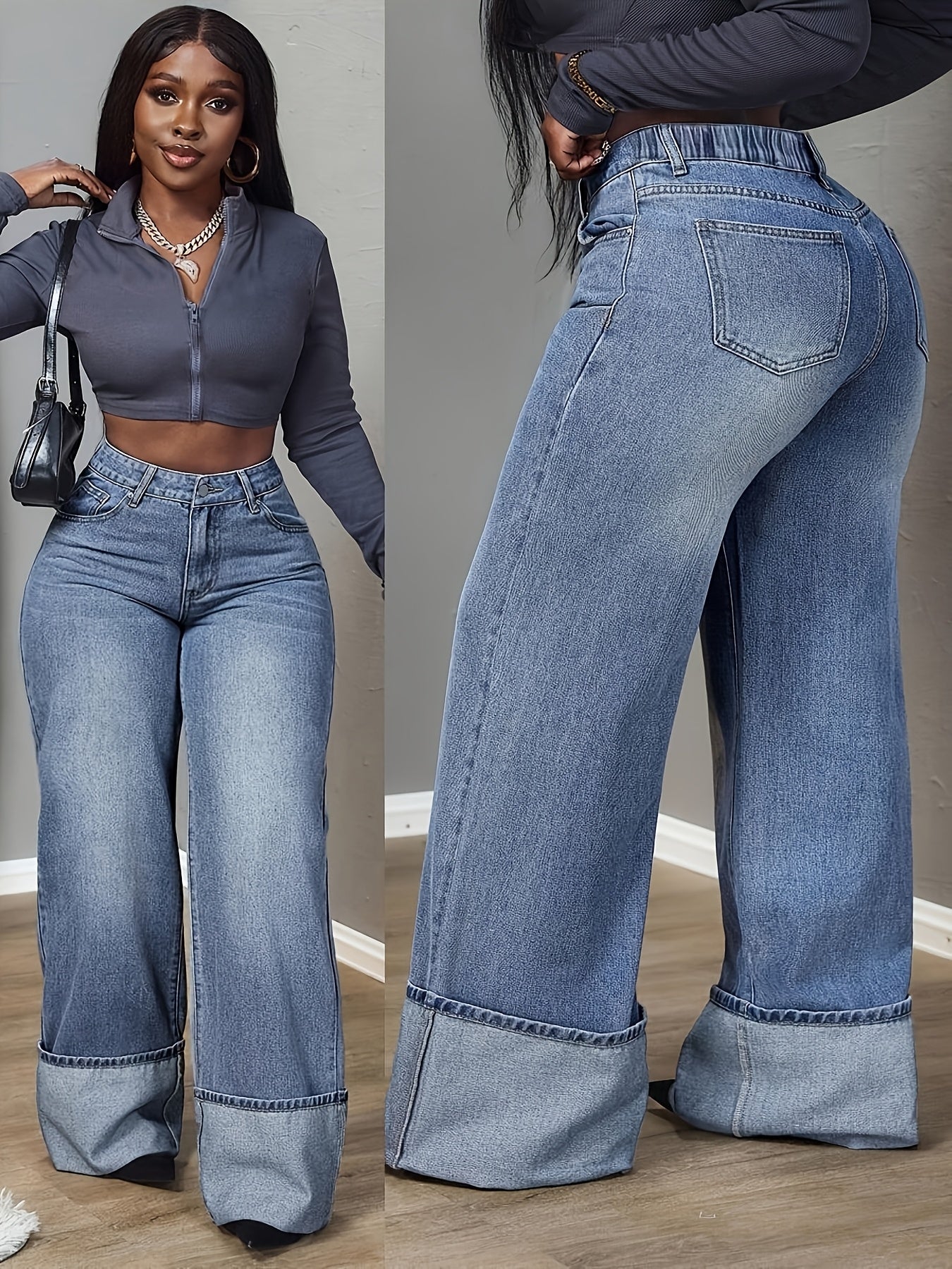 Pantalon Femme à Jambes Larges Lavé - Taille Élastique et Ouverture de Jambe,