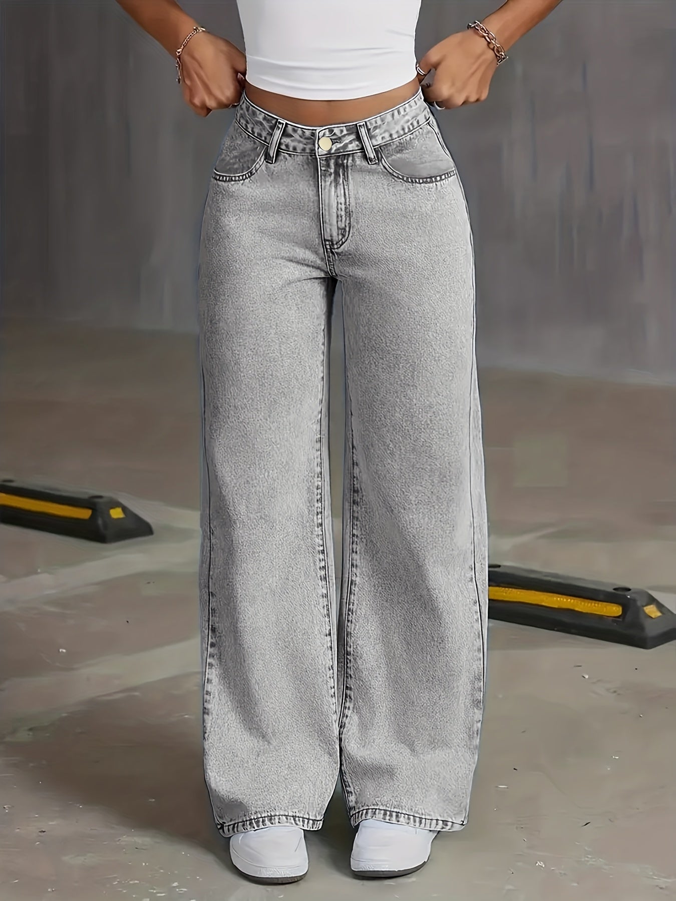 Jeans stretch jambes large avec Poches, en Denim Gris lavé.