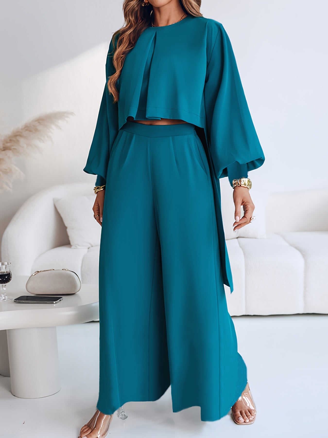 Ensemble Pantalon droit large, taille haute, haut évasé à manches longues bleu