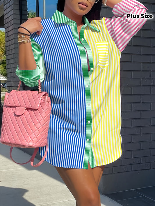 Robe Chemise Ample Multicolore à Rayures Contrastées, Caractéristiques :