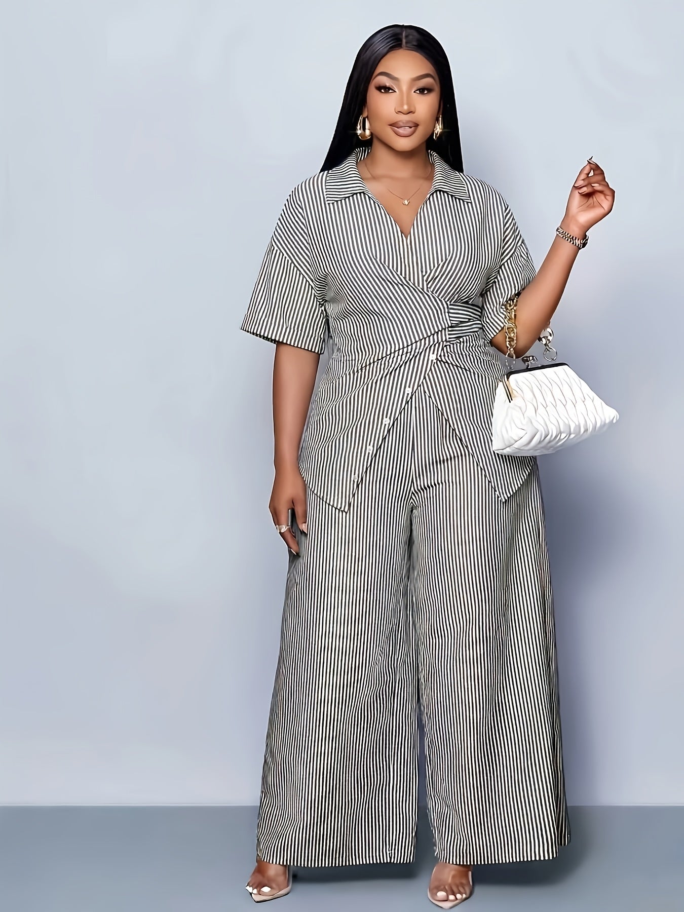 Ensemble 2 pièces grande taille pour femme : blouse à nouer à l'avant ouverte à imprimé rayé et pantalon à jambes larges, ourlet asymétrique, vêtement de printemps/été,