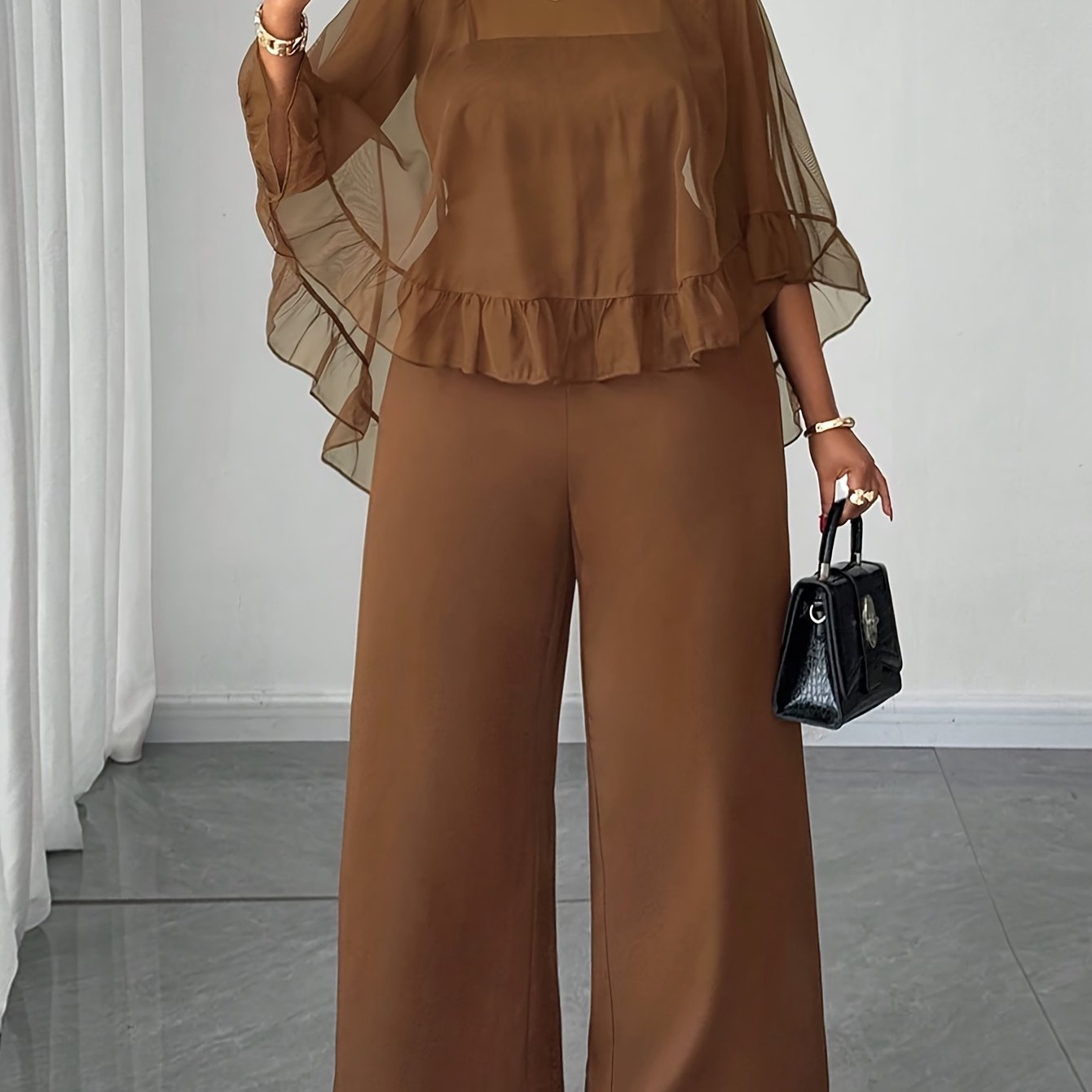 Combinaison marron grande taille femme, avec cardigan en voile