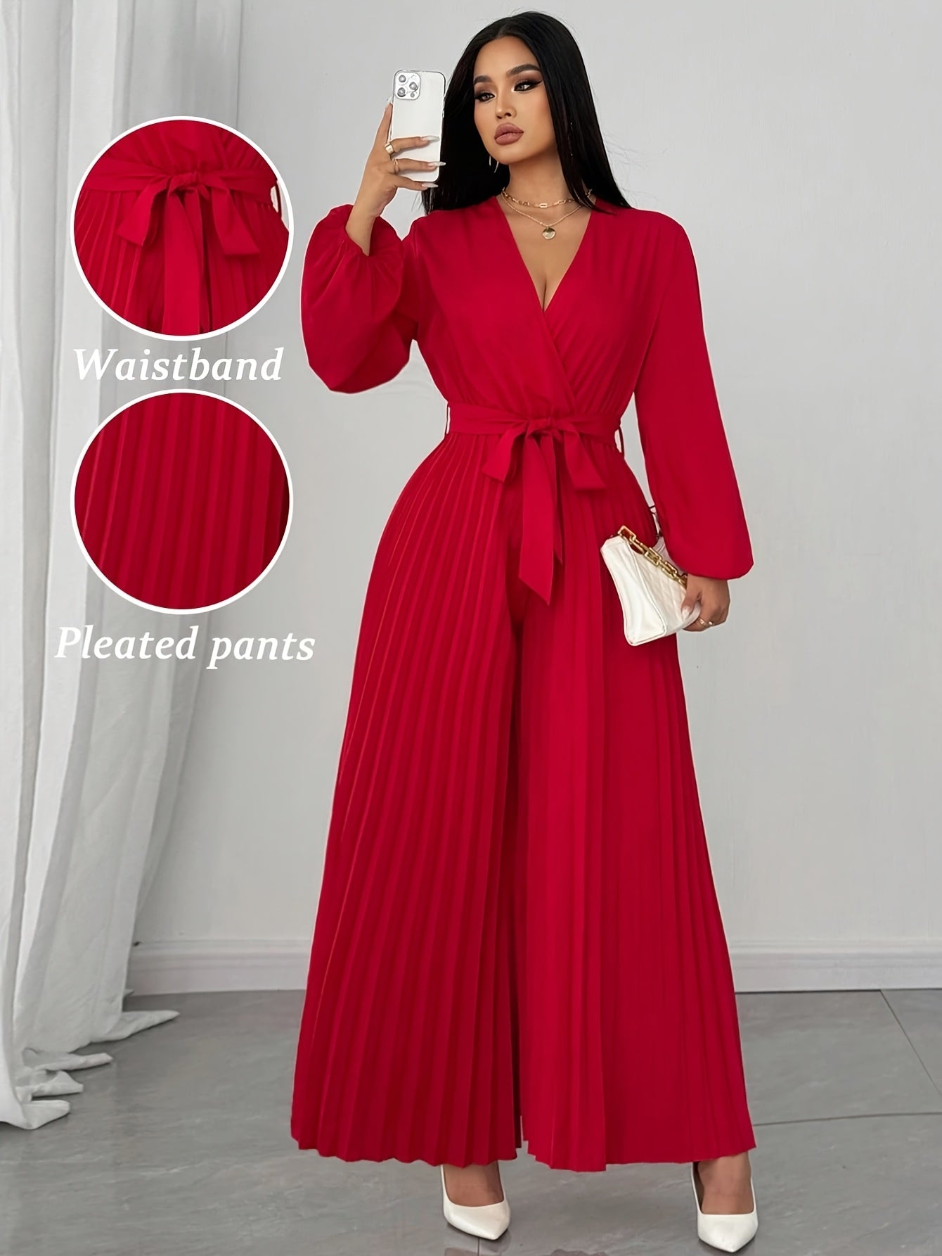 Combinaison femme grande taille , col V, manches longues, taille ajustable et pantalon plissé à Jambes Larges