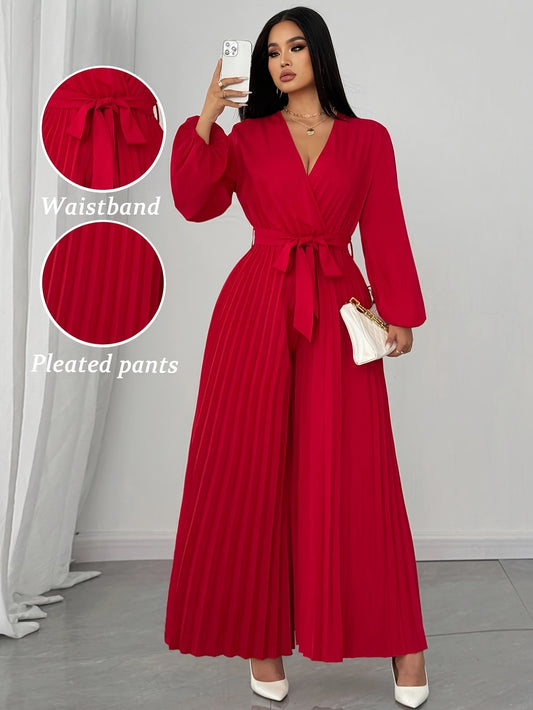Combinaison femme grande taille , col V, manches longues, taille ajustable et pantalon plissé à Jambes Larges