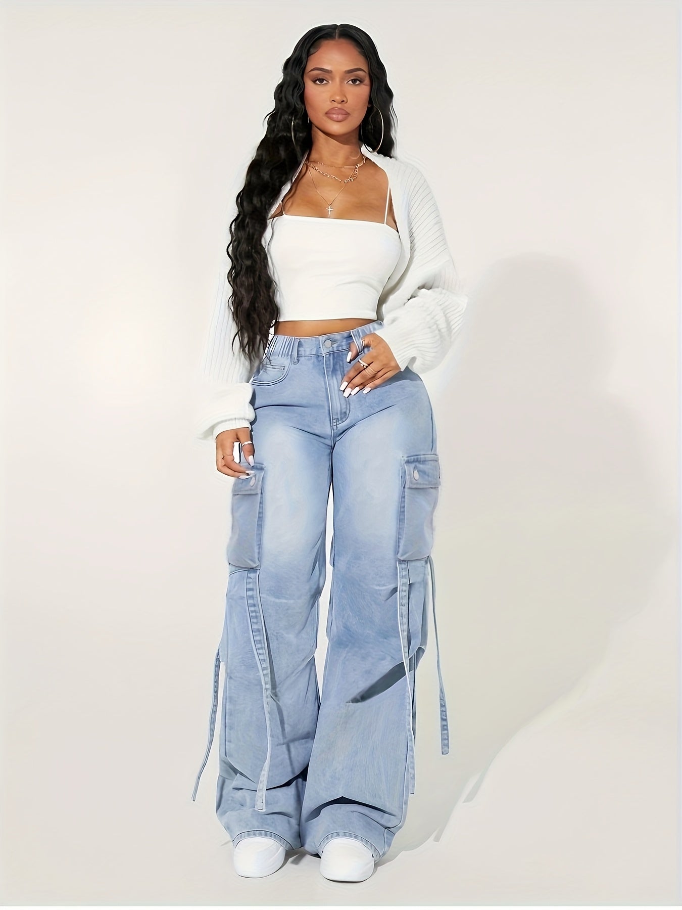 Jeans cargo taille haute à jambes larges pour femmes - ceinture élastique extensible, multiples poches