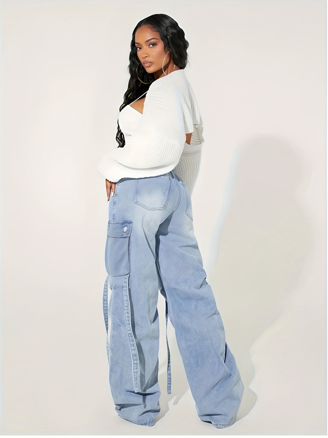 Jeans cargo taille haute à jambes larges pour femmes - ceinture élastique extensible, multiples poches