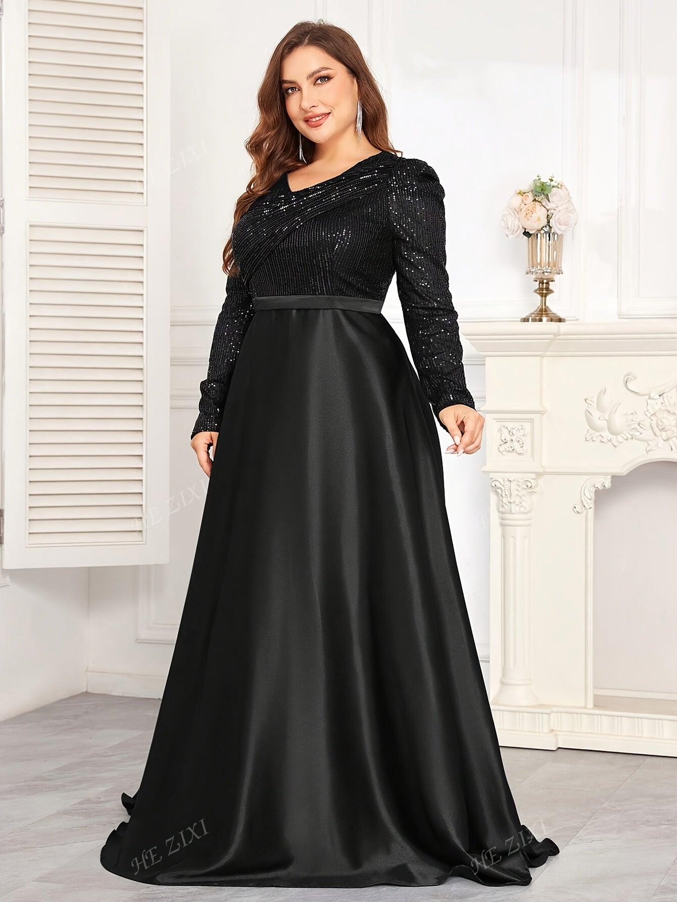 Robe de soirée col rond pour femme, grande taille, manches longues.
