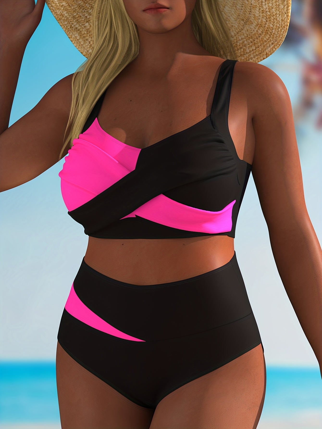 Ensemble bikini grande taille pour femmes, contrasté, froncé, à bretelles croisées et très extensible