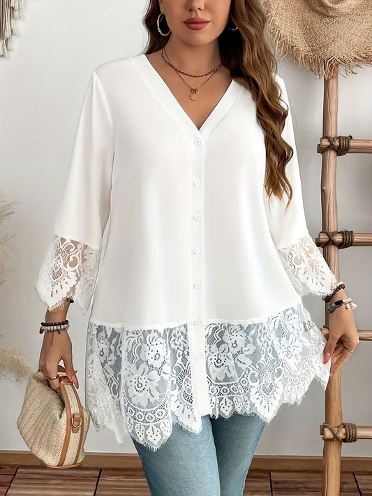 Chemise à Dentelle Contrastée pour Femmes Grande Taille