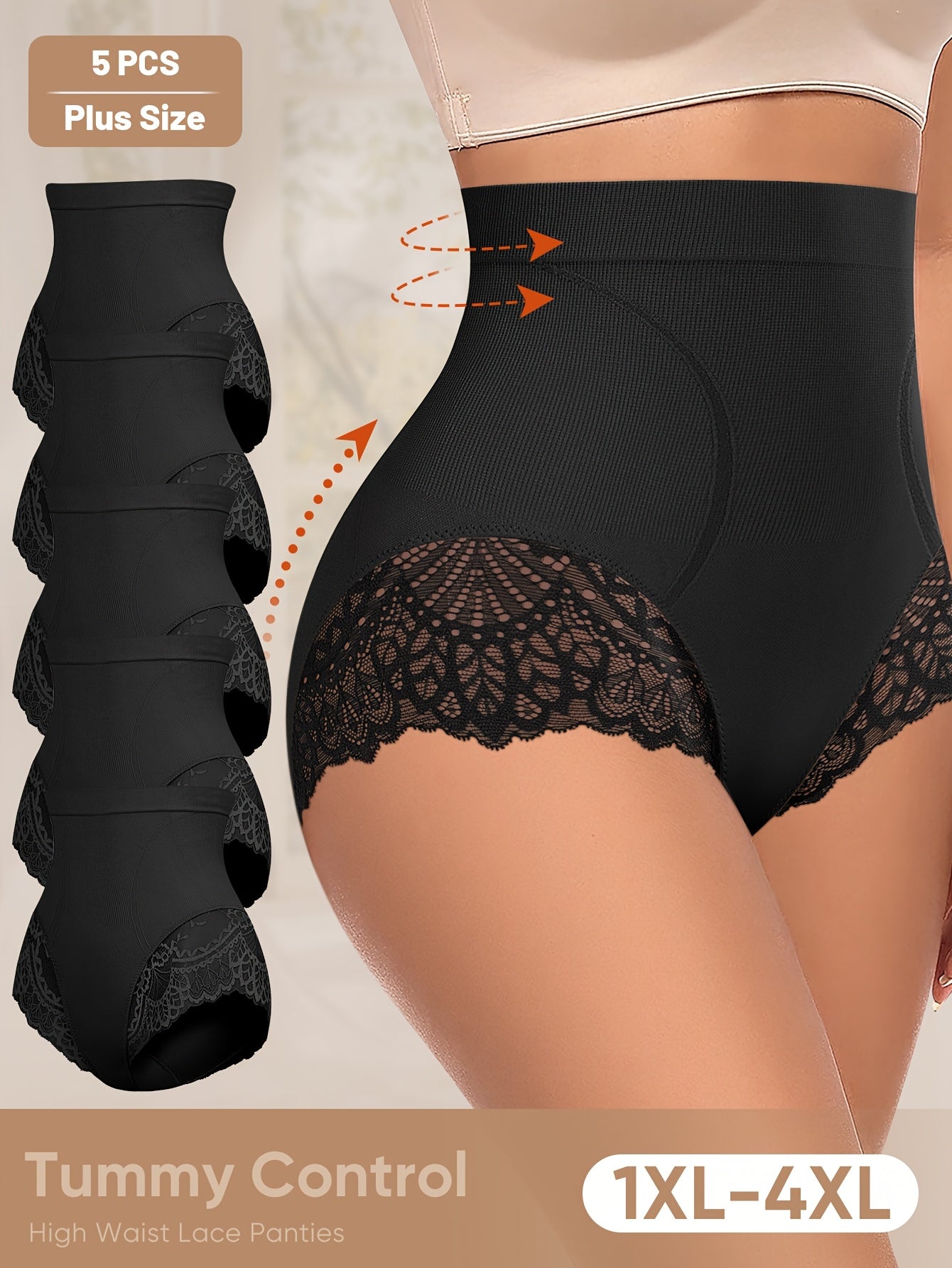 Lot de 5 culottes taille haute ,grande taille pour femme, en lycra et dentelle.