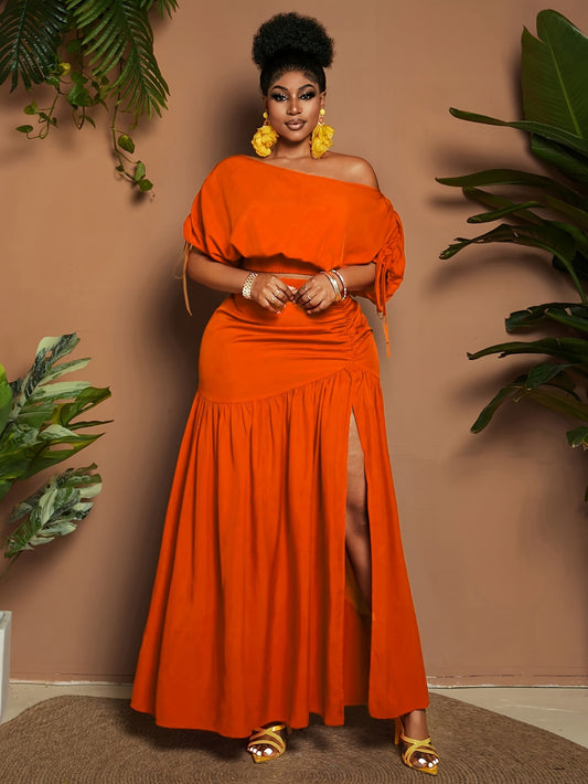 Ensemble élégant grande taille pour femme - 2 Pièces : haut court et Jupe à fente, manches courtes