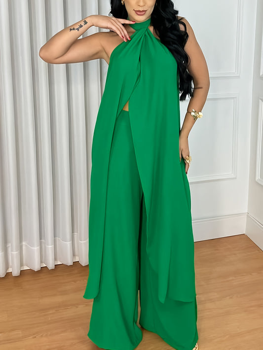 Ensemble 2 pièces pour femmes grande taille : Camisole longue à nouer et pantalon ample à taille élastique, style décontracté pour vacances
