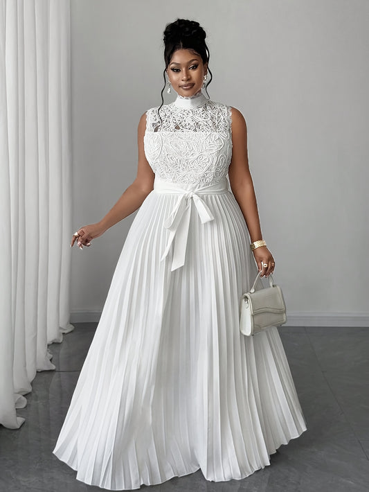 Robe plissée de printemps et d'été grande taille pour femmes avec un col Montant.