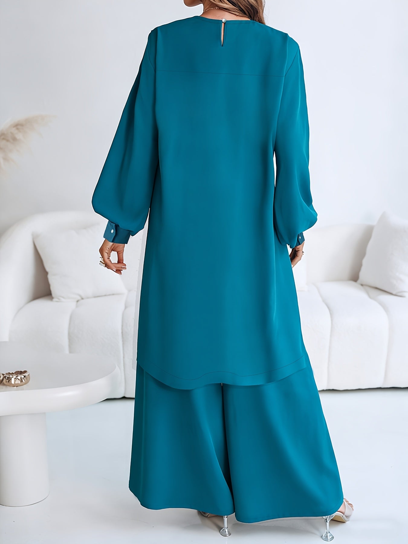Ensemble Pantalon droit large, taille haute, haut évasé à manches longues bleu