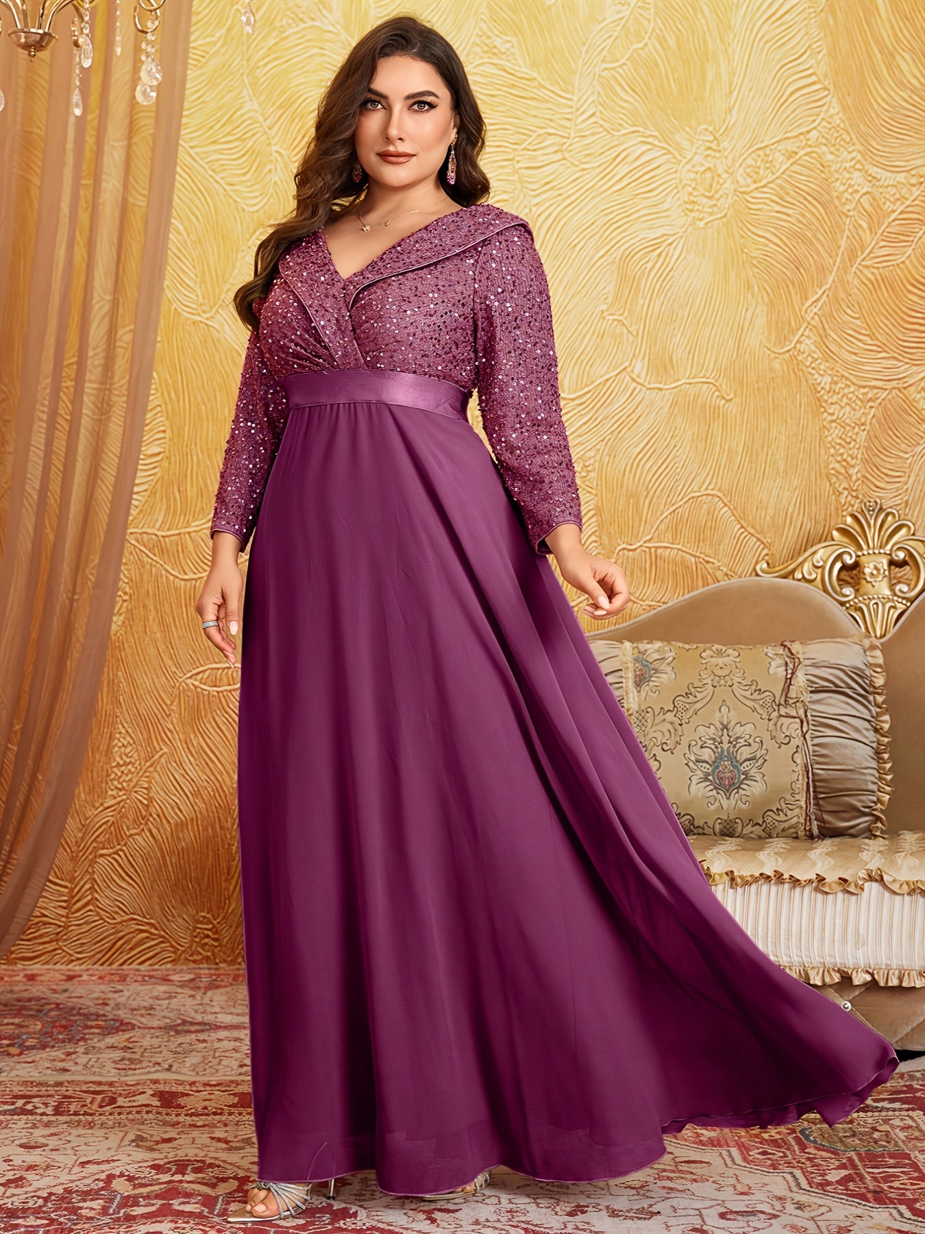Robe Longue à Sequins et soie, Col en V, Manches 3/4, Grande Taille