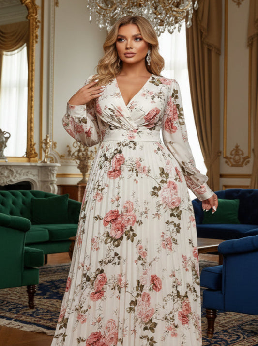 Robe plissée, imprimée Floral Taille Cintrée Col en V Manches Longues