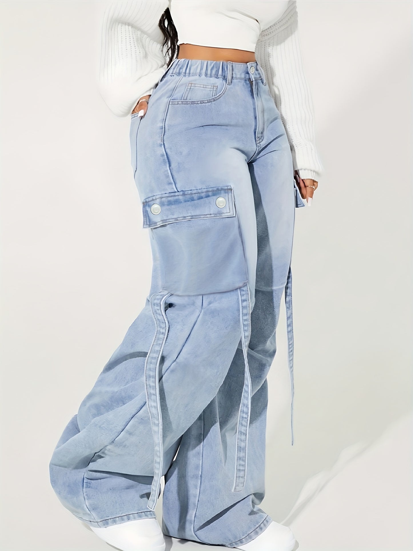 Jeans cargo taille haute à jambes larges pour femmes - ceinture élastique extensible, multiples poches