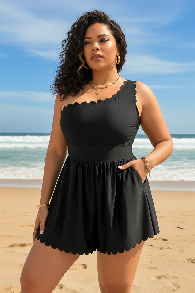 Maillot de bain élégant 1 pièce de couleur unie pour femme grande taille