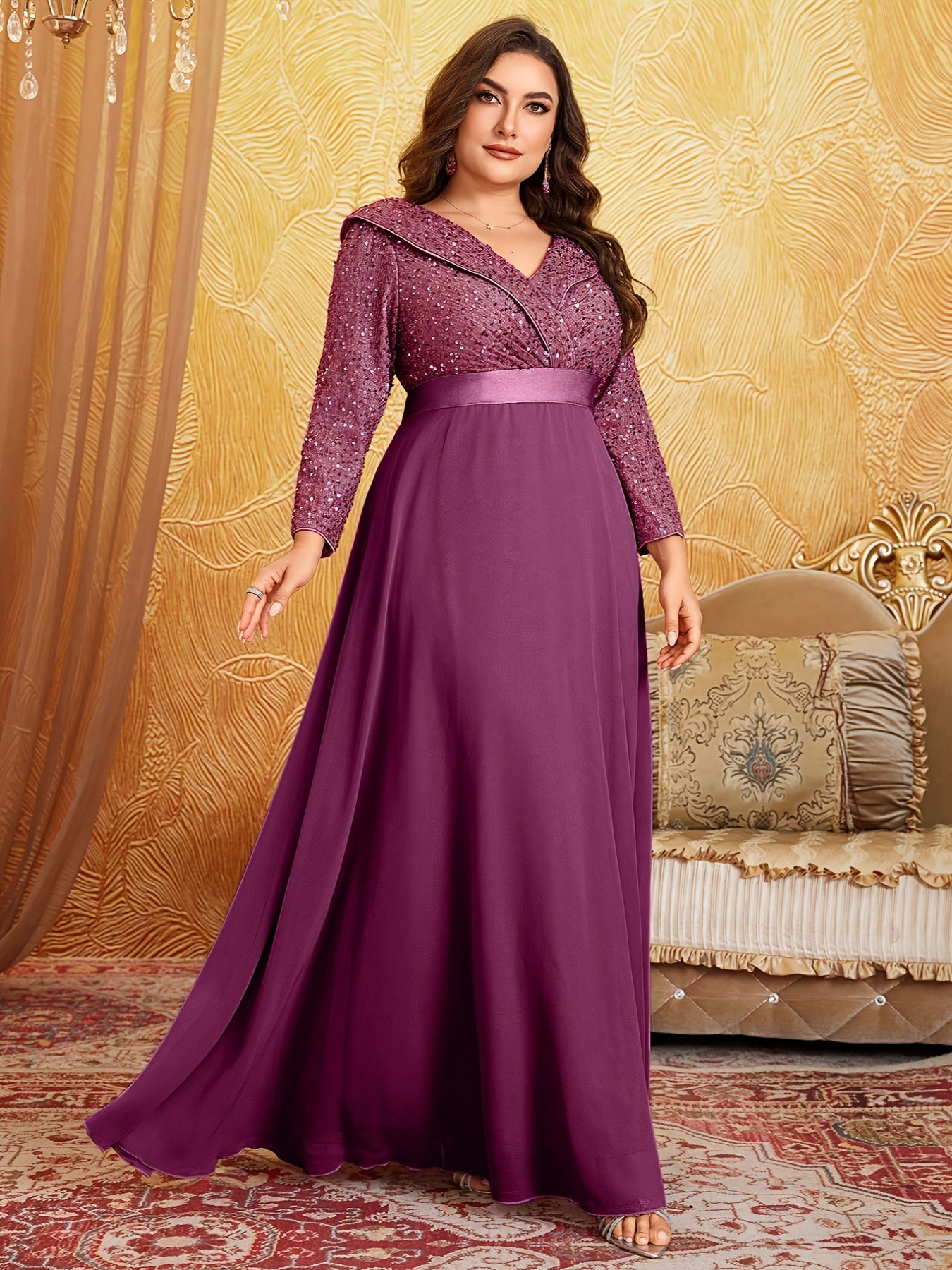 Robe Longue à Sequins et soie, Col en V, Manches 3/4, Grande Taille