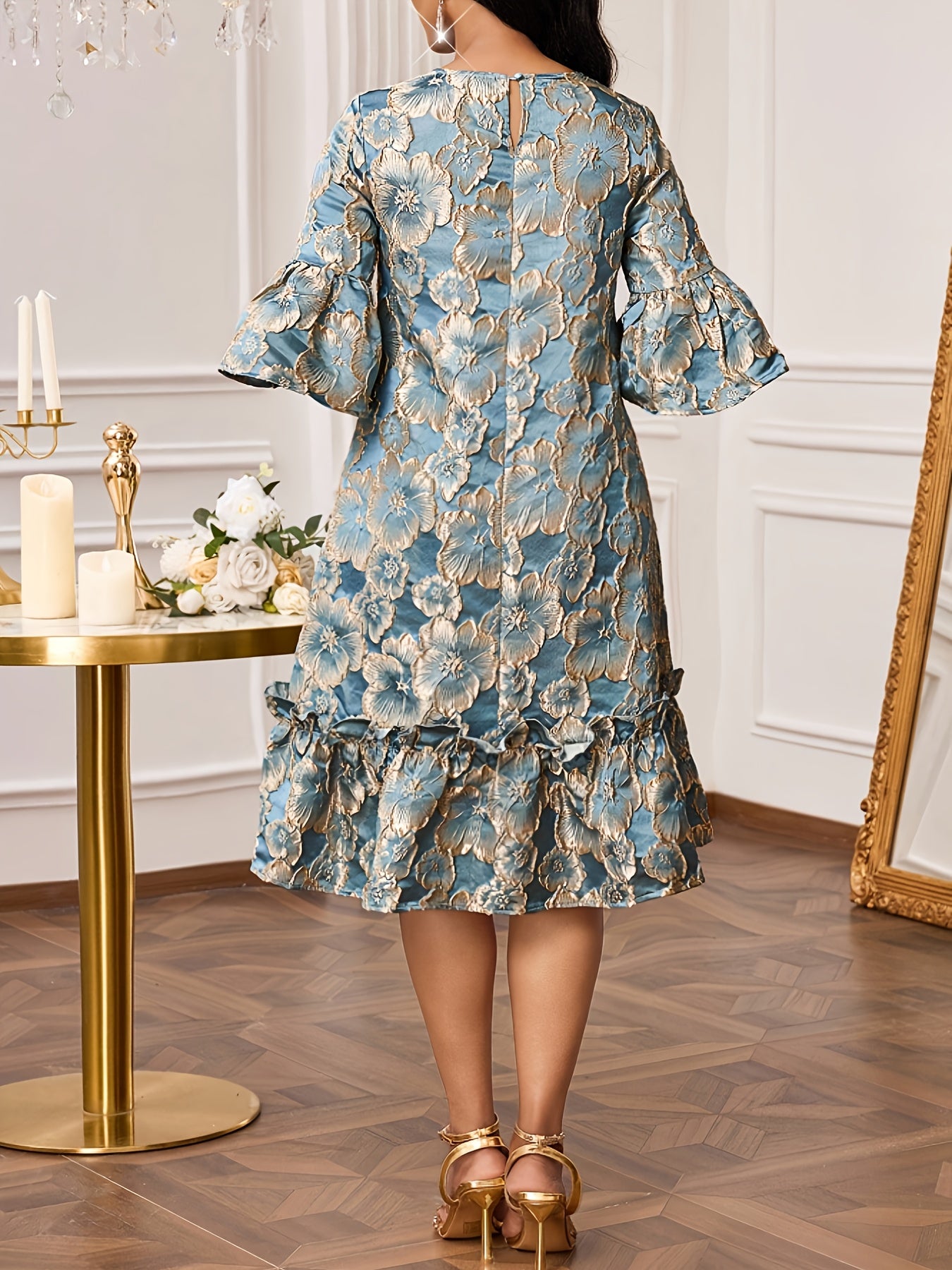 Élégante Robe Midi Jacquard à Volants pour Femme, Idéale pour les Soirées