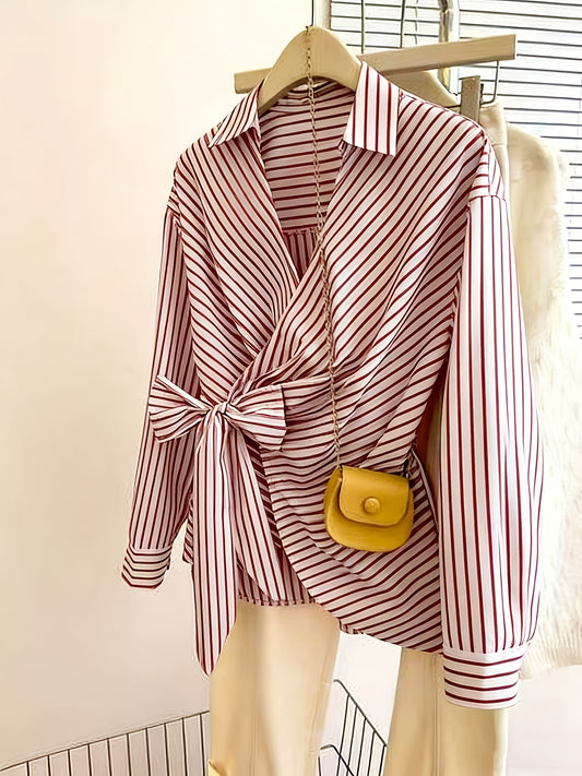 Grande Taille - Chemise à Rayures et Nœud Papillon Croisés Style Français