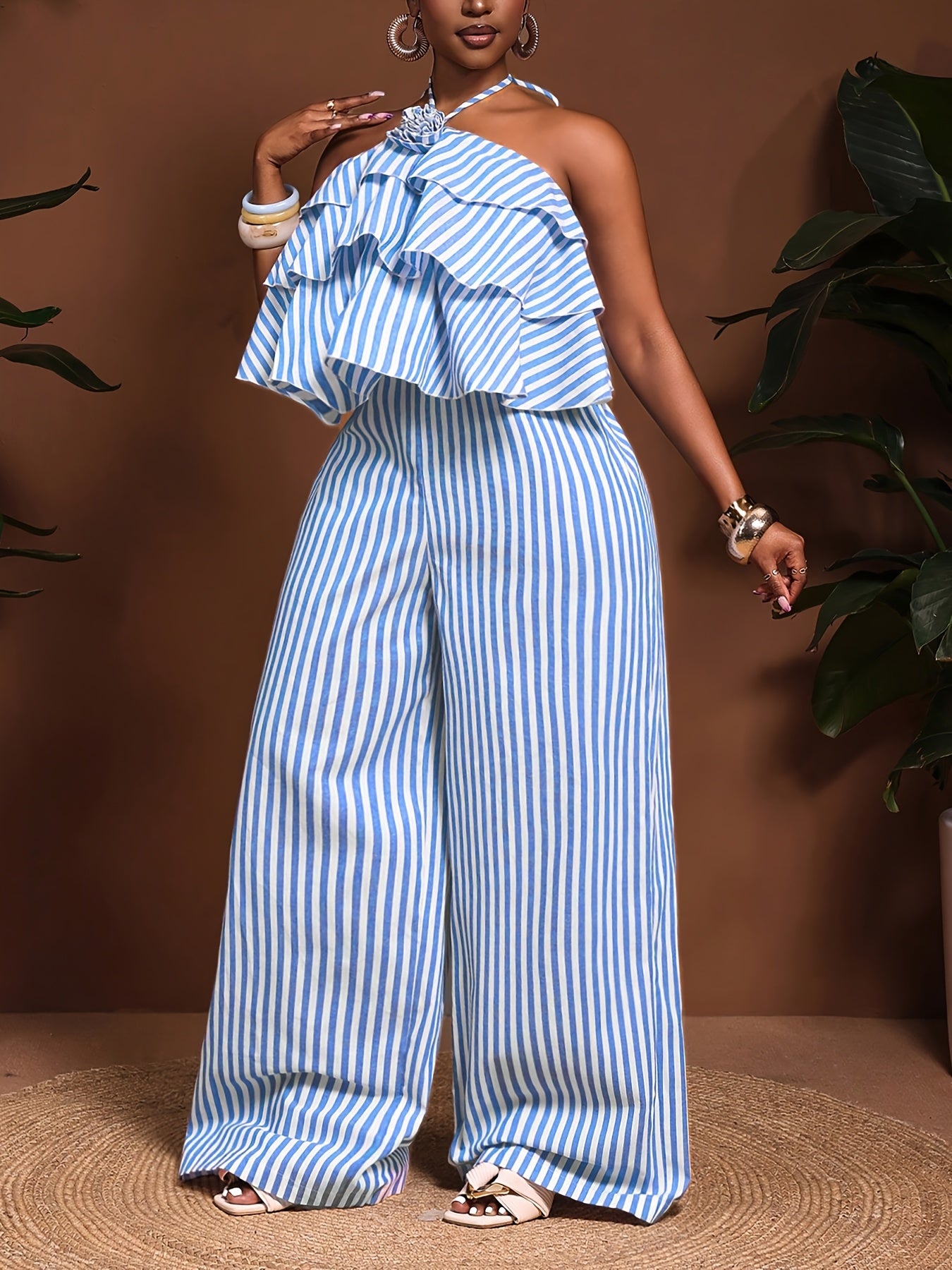 Combinaison pantalon rayée contrasté décontracté élégant col halter