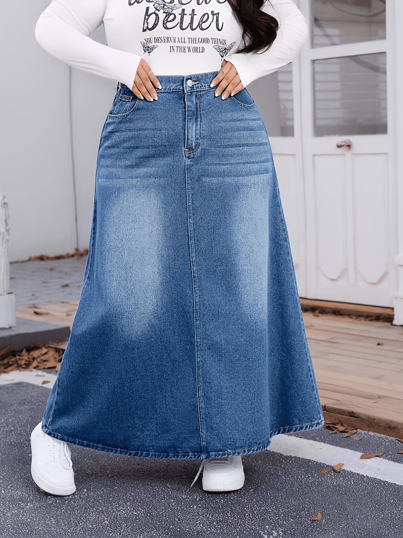 Jupe en jean délavé , pour femme grande taille, style printanier