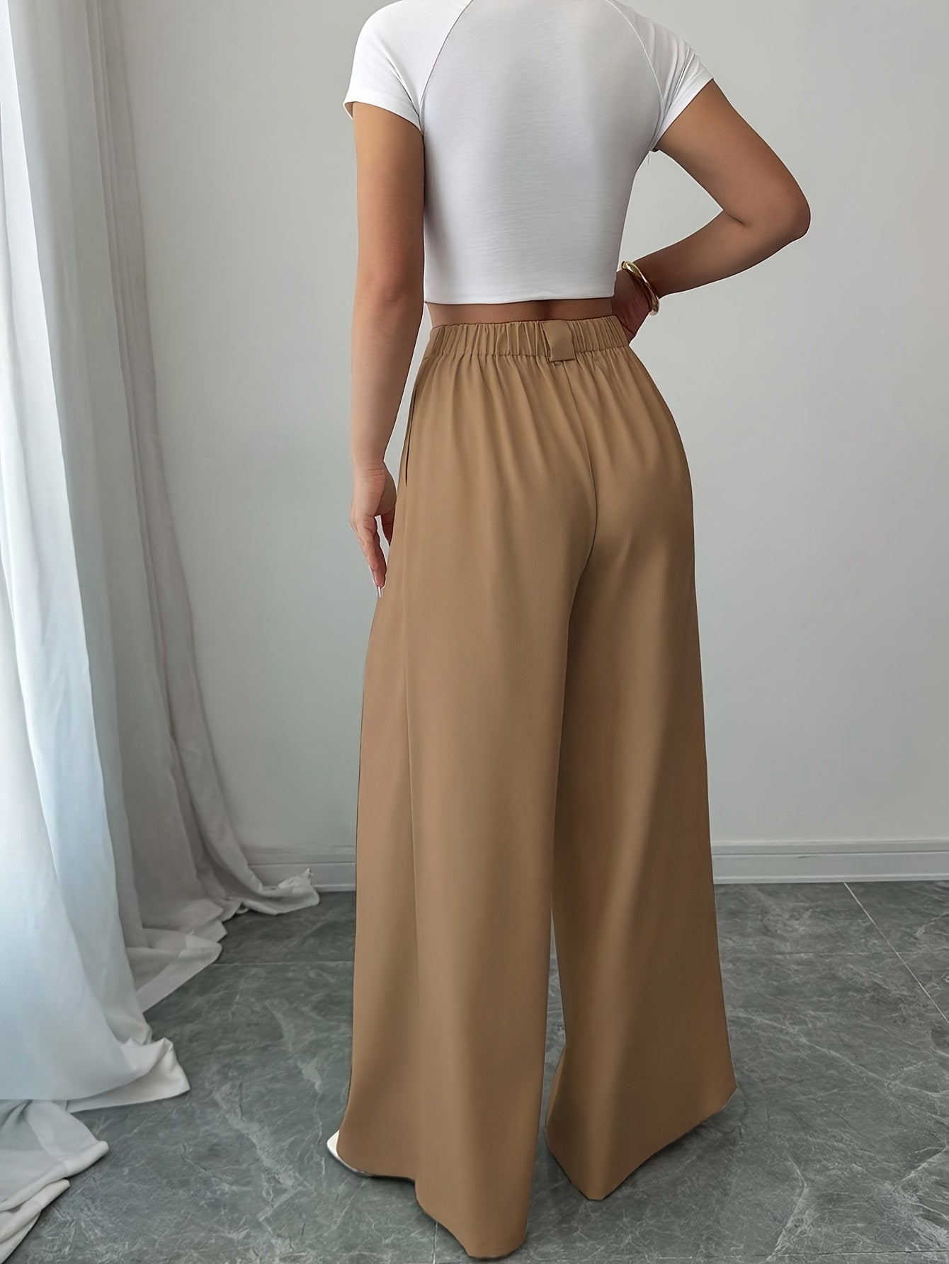 Ensemble de pantalons taille haute 2 pièces pour femmes, couleur unie, style élégant