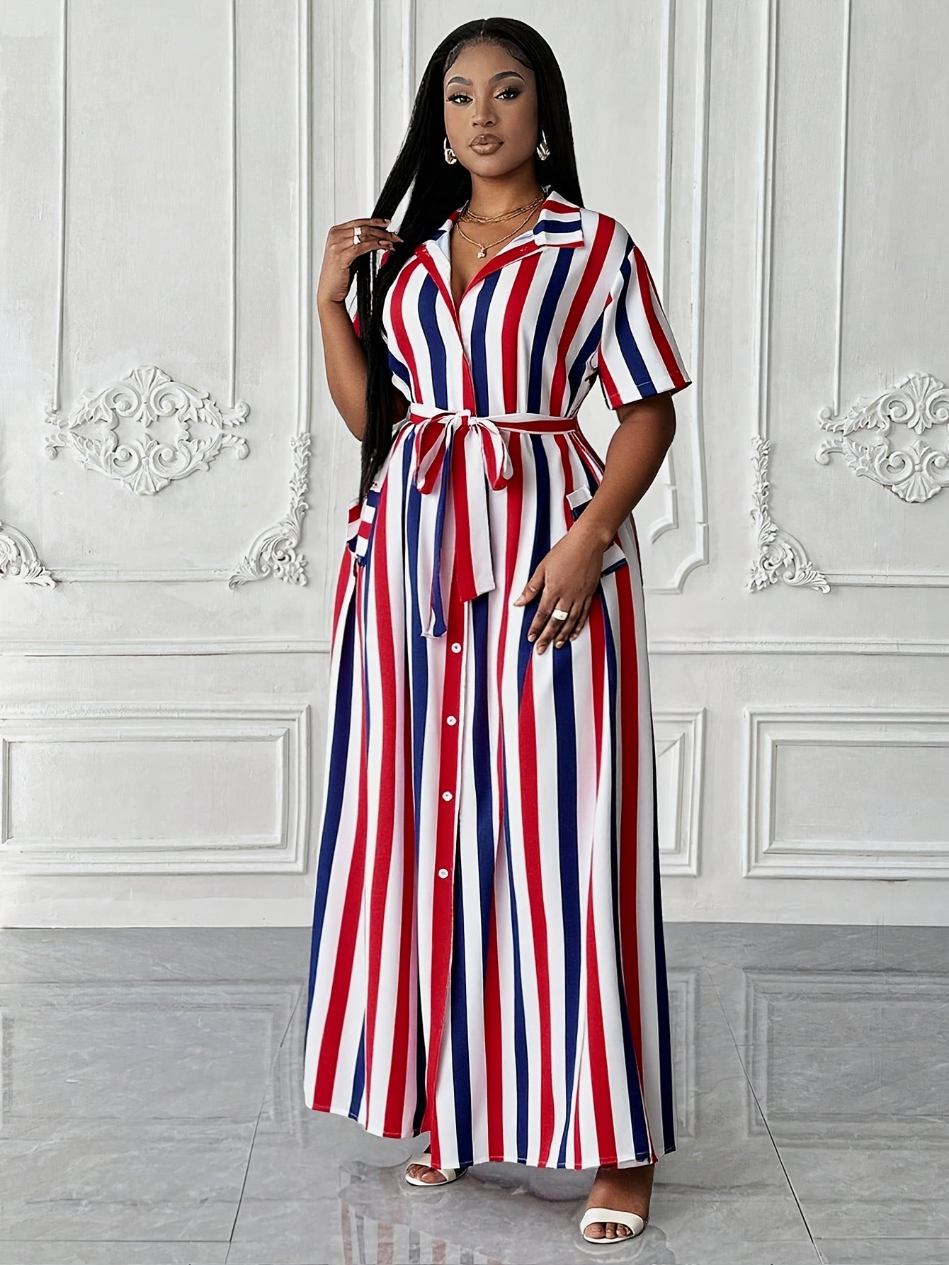 Robe-chemise à imprimé rayé pour femme, grande taille