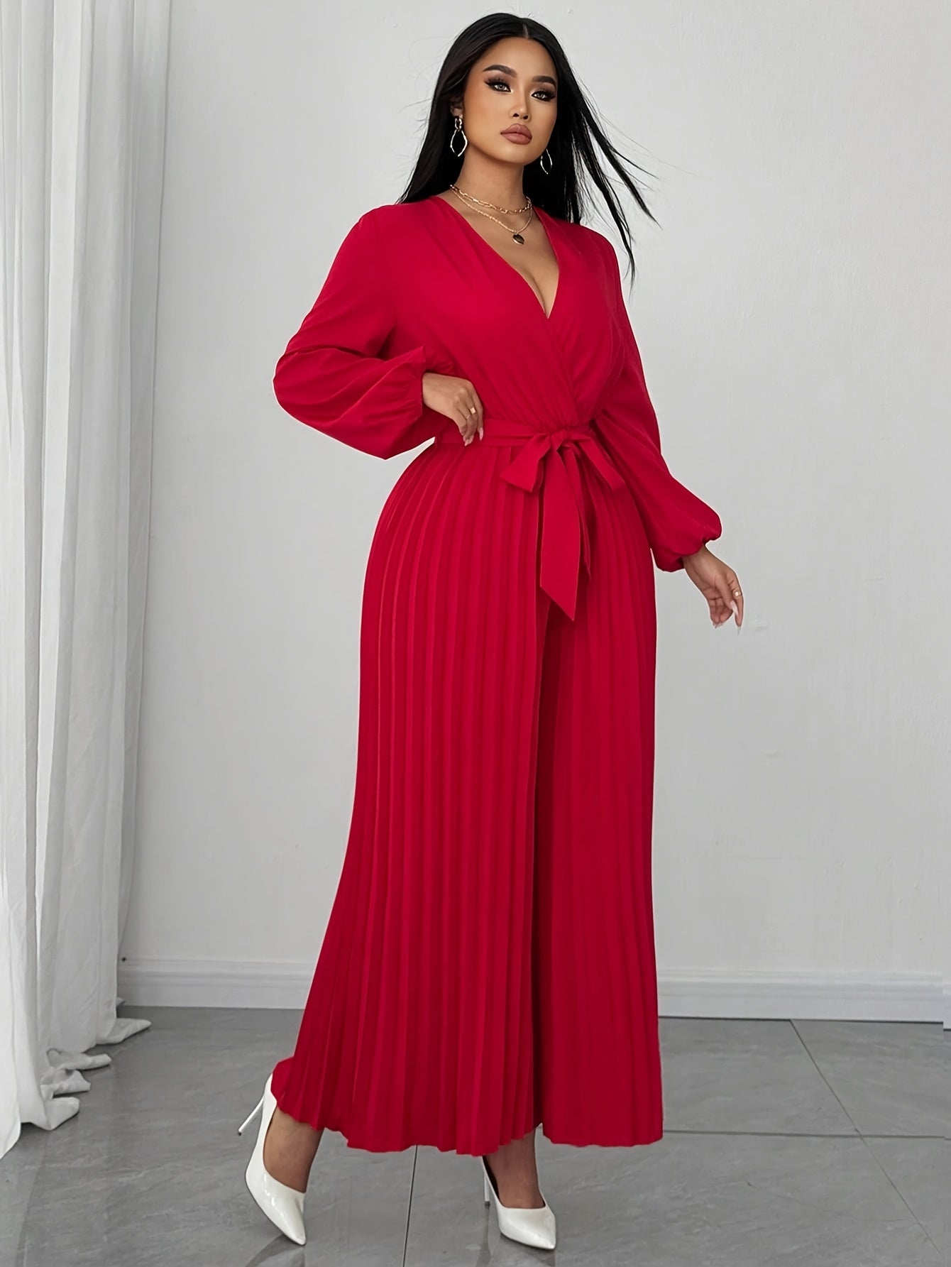 Combinaison femme grande taille , col V, manches longues, taille ajustable et pantalon plissé à Jambes Larges