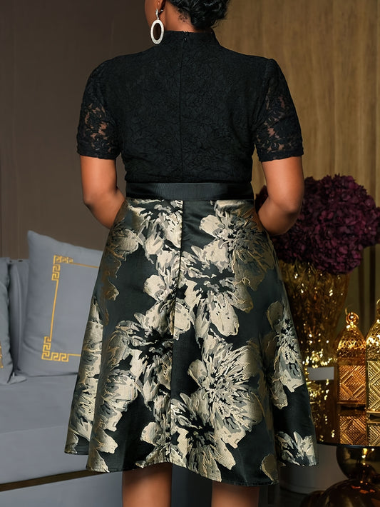 Robe mi-longue élégante manches courtes, col en V, grande taille pour femme