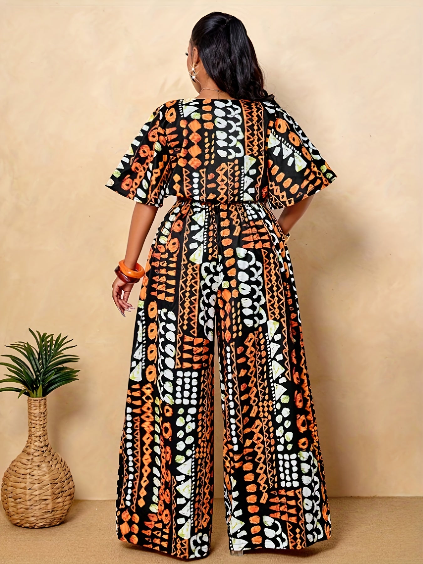 Ensemble 2 pièces grande taille pour femme : haut d'été imprimé tropical et col en V, pantalon à jambes larges et allongées