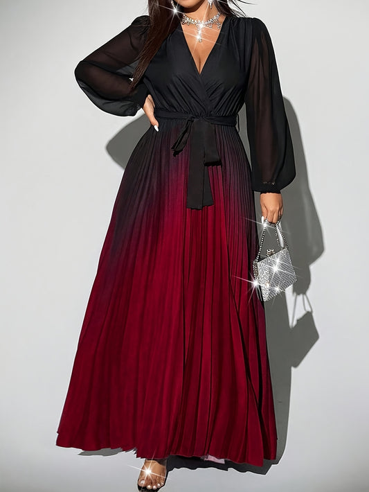 Robe plissée élégante grande taille, dégradé noir et rouge