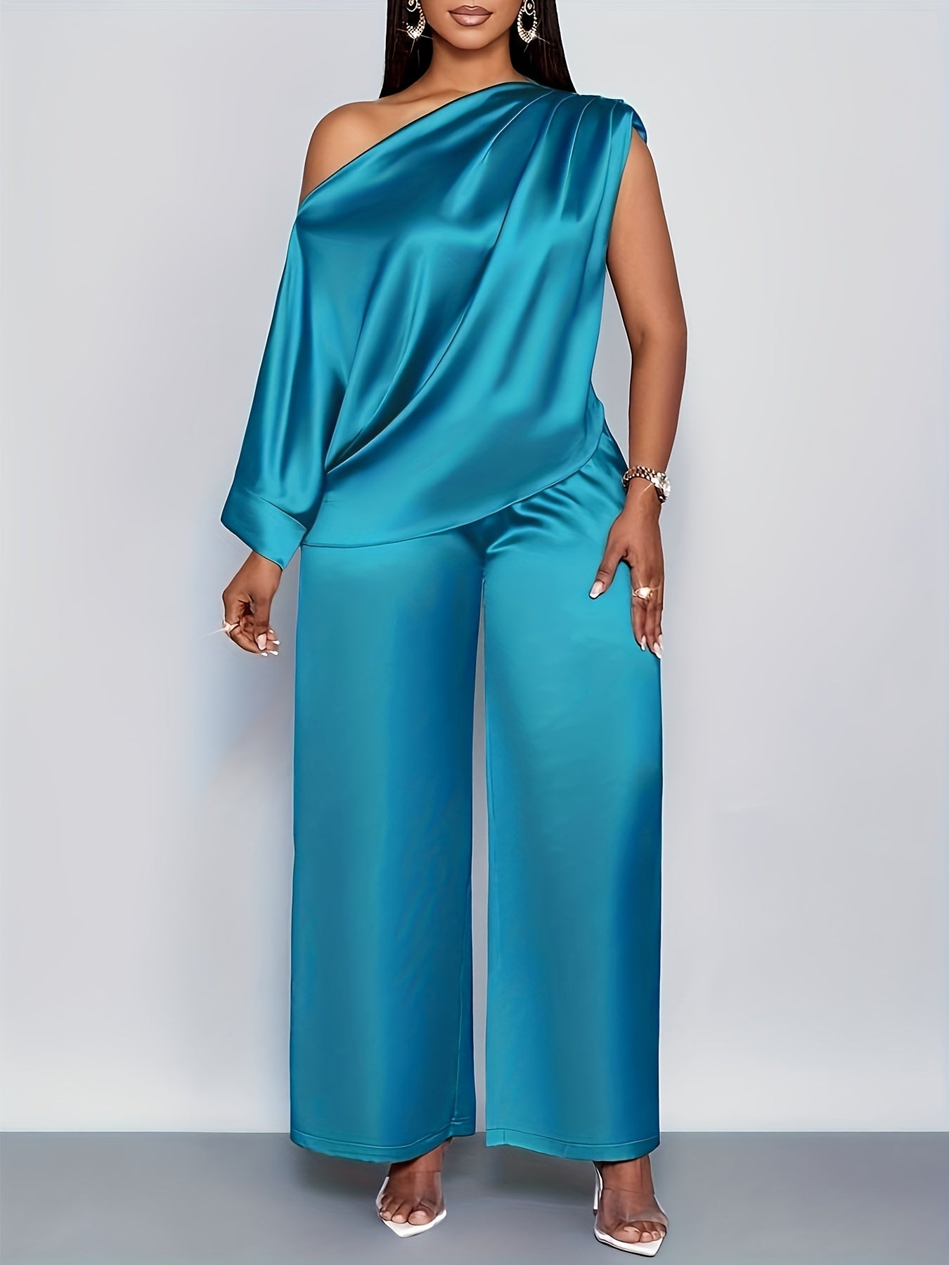 Élégante ensemble pantalon droit , asymétrique encolure mode et raffinée manches chauve-souris Ourlet asymétrique chemisier en satin e