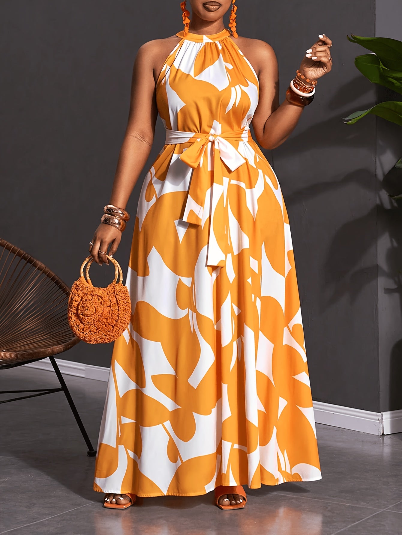 Robe Longue Ample Imprimée Sans Manches Épaules Dénudées, Convient pour les Vacances, les Rendez-vous, la Photographie