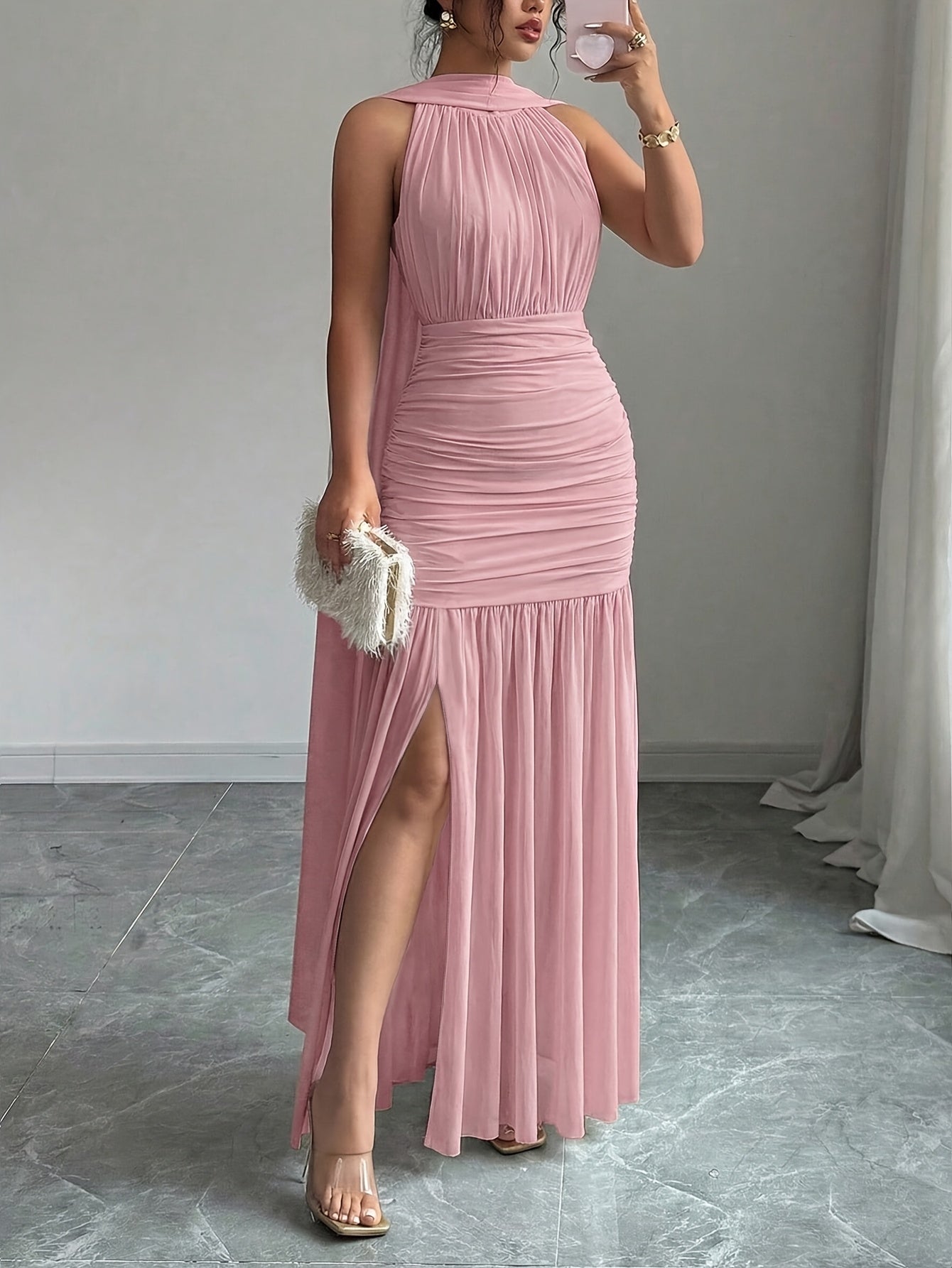 Robe moulante en mousseline élégante, couleur unie dos nu volants , bas fente haute - parfaite pour soirées, événements soir et mariages.