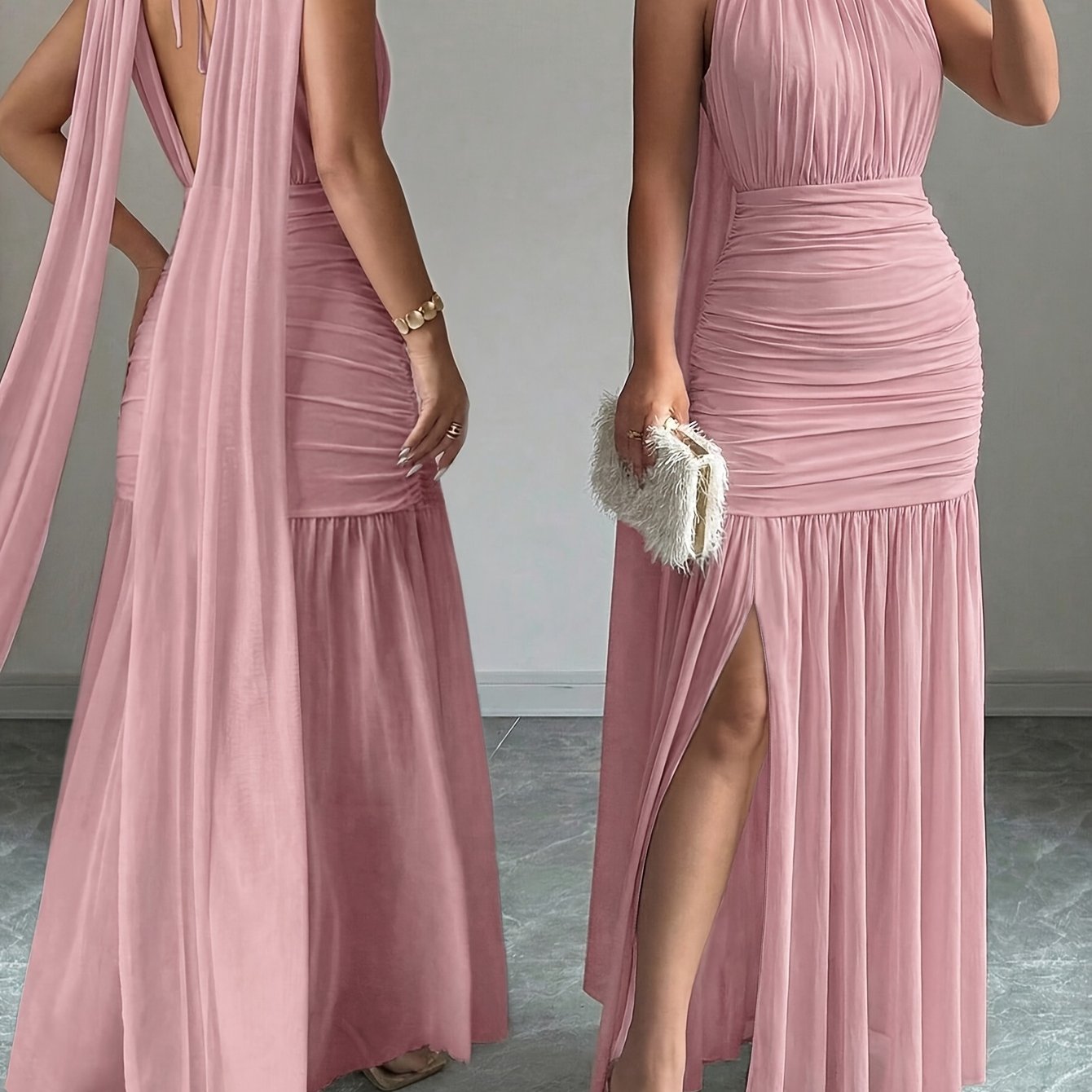 Robe moulante en mousseline élégante, couleur unie dos nu volants , bas fente haute - parfaite pour soirées, événements soir et mariages.