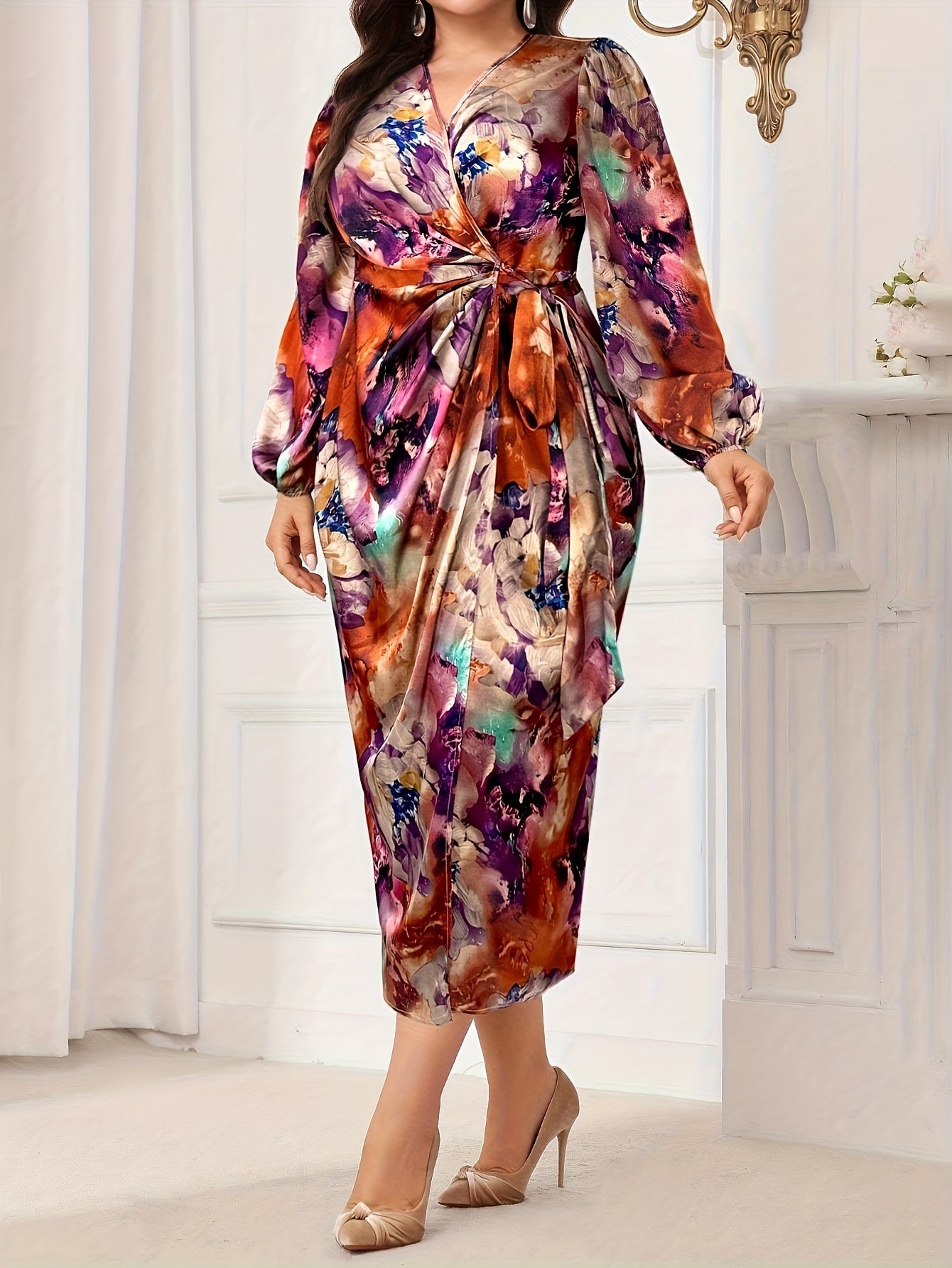 Élégante robe Imprimée grande taille pour femmes , Col en V, manches longues