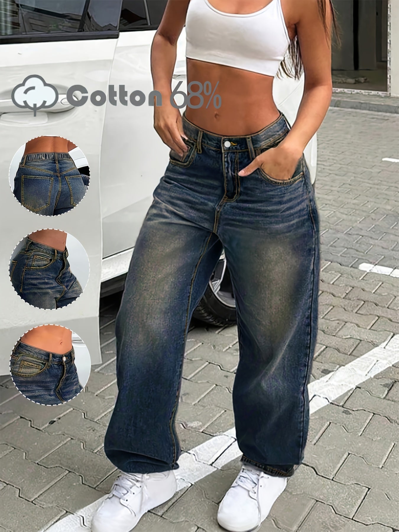 Jean délavée, taille haute et jambes larges pour femmes Gris ciment, coupe droite, tissu non extensible
