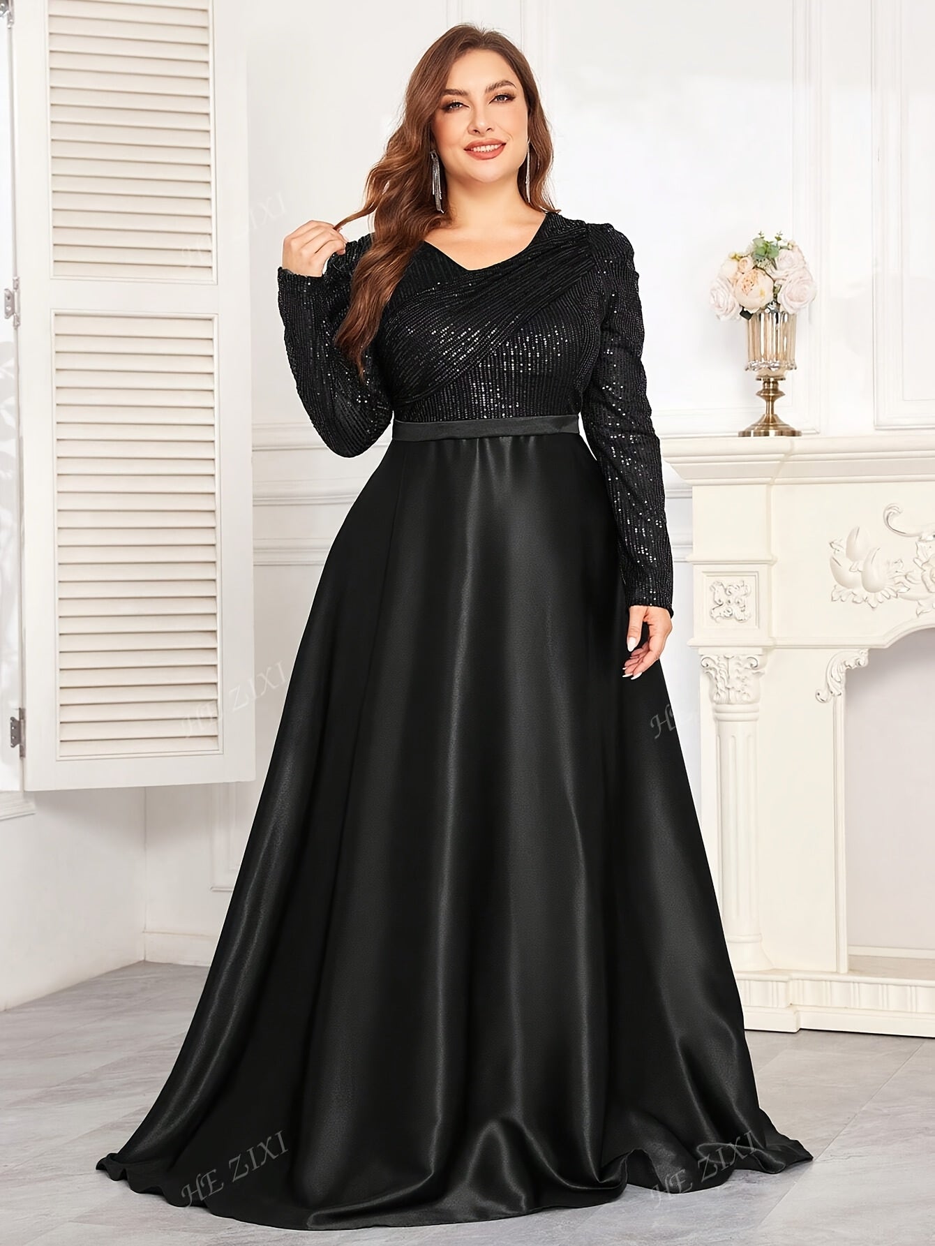 Robe de soirée col rond pour femme, grande taille, manches longues.