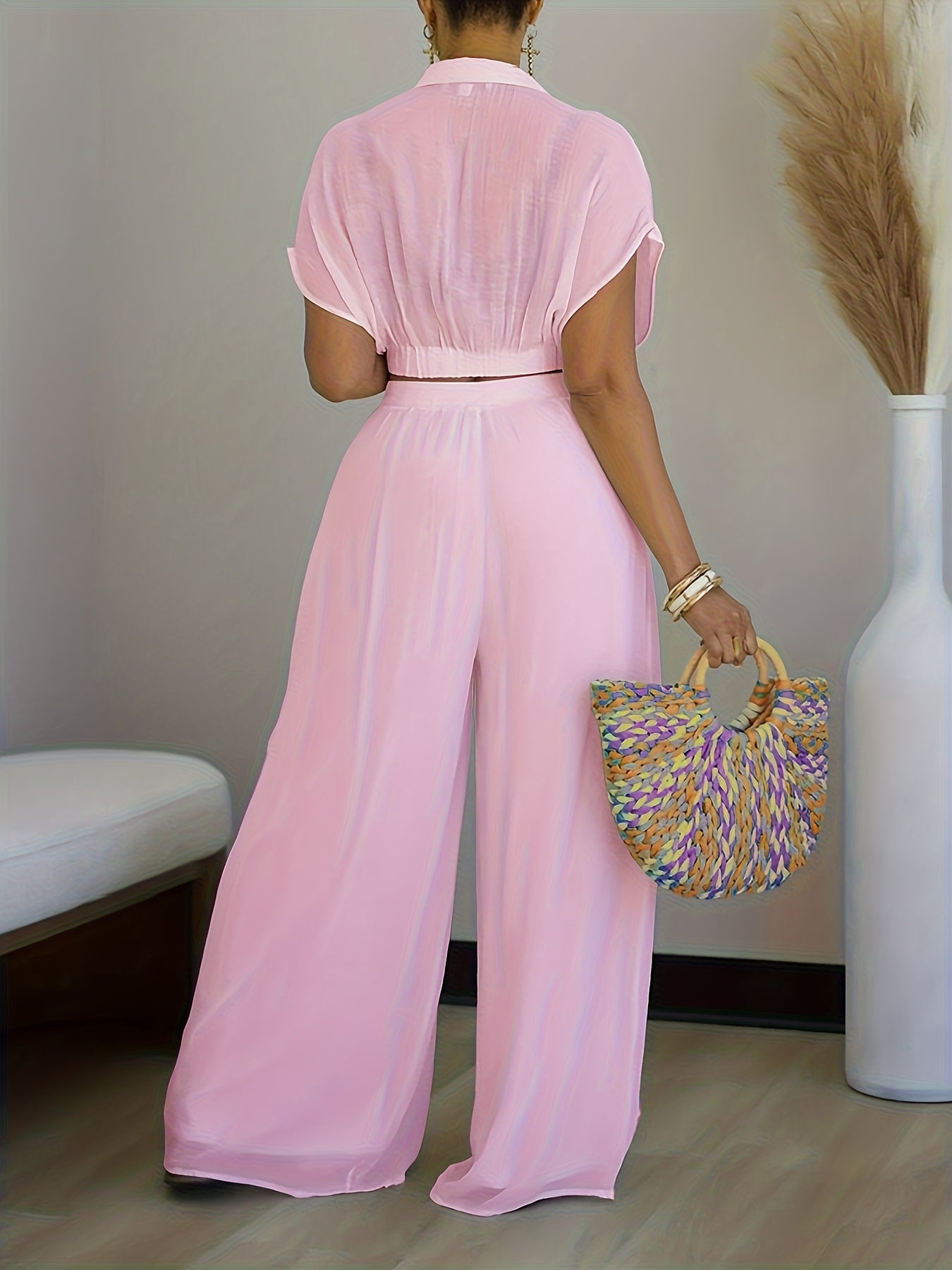 Ensemble pantalon tendance Femme Couleur unie ,haut manches courtes Ample