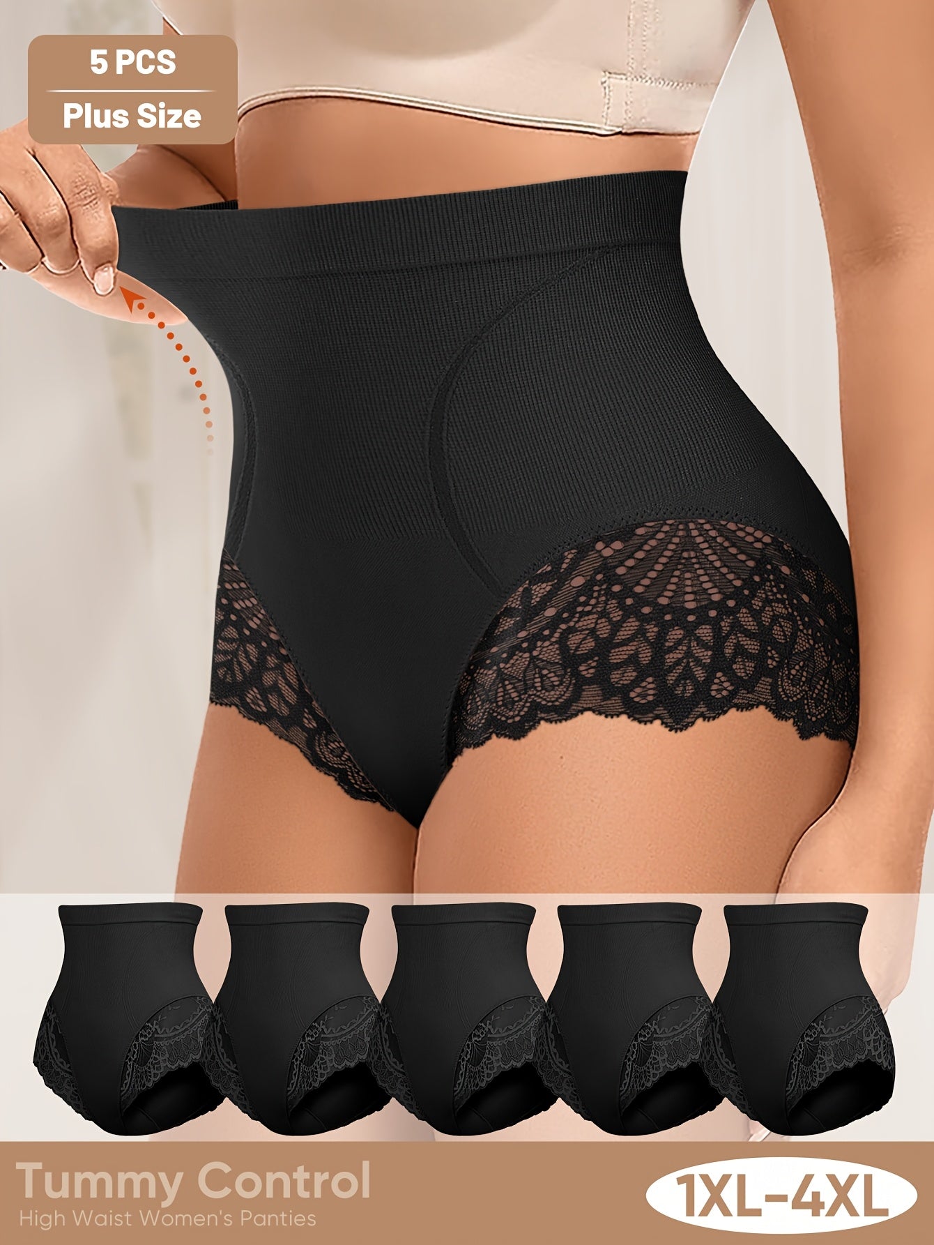 Lot de 5 culottes taille haute ,grande taille pour femme, en lycra et dentelle.