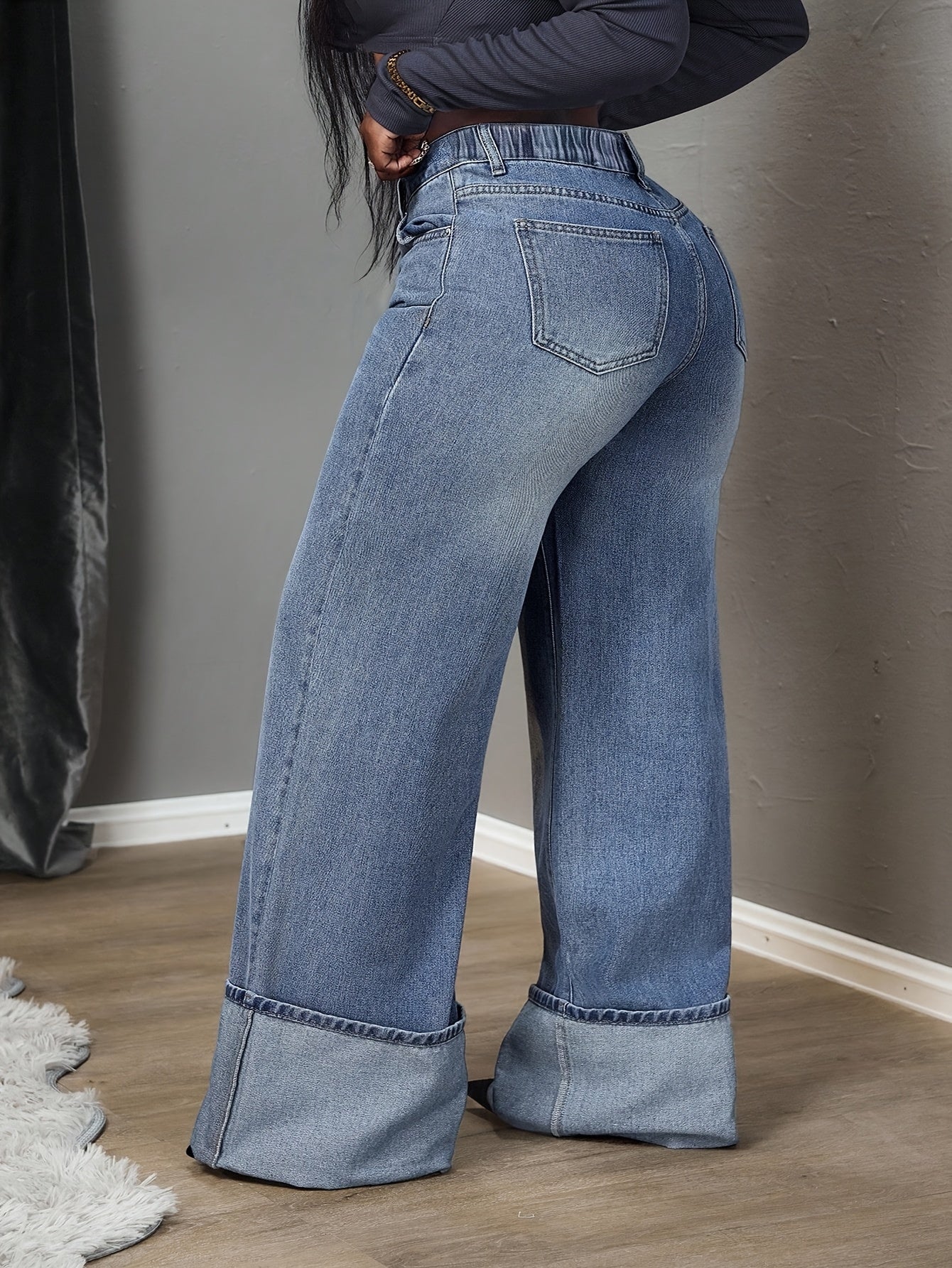 Pantalon Femme à Jambes Larges Lavé - Taille Élastique et Ouverture de Jambe,
